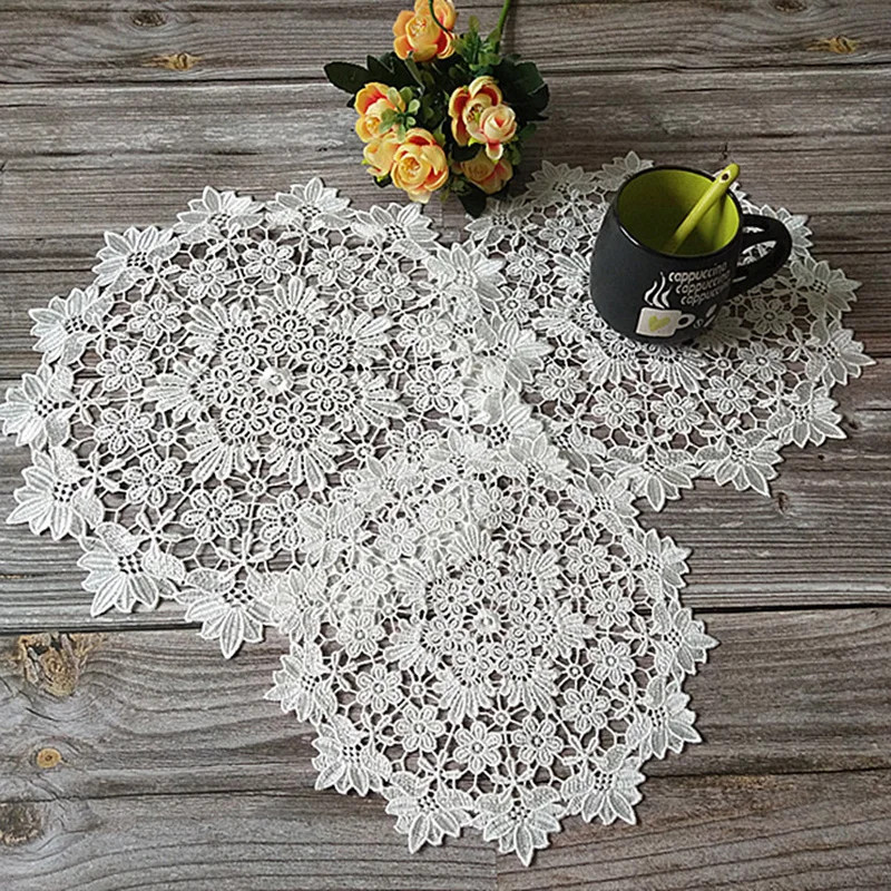 Round Hollow Lace Coaster Napkin Embroidery Flower Placemat Mug Dining Coffee Ta