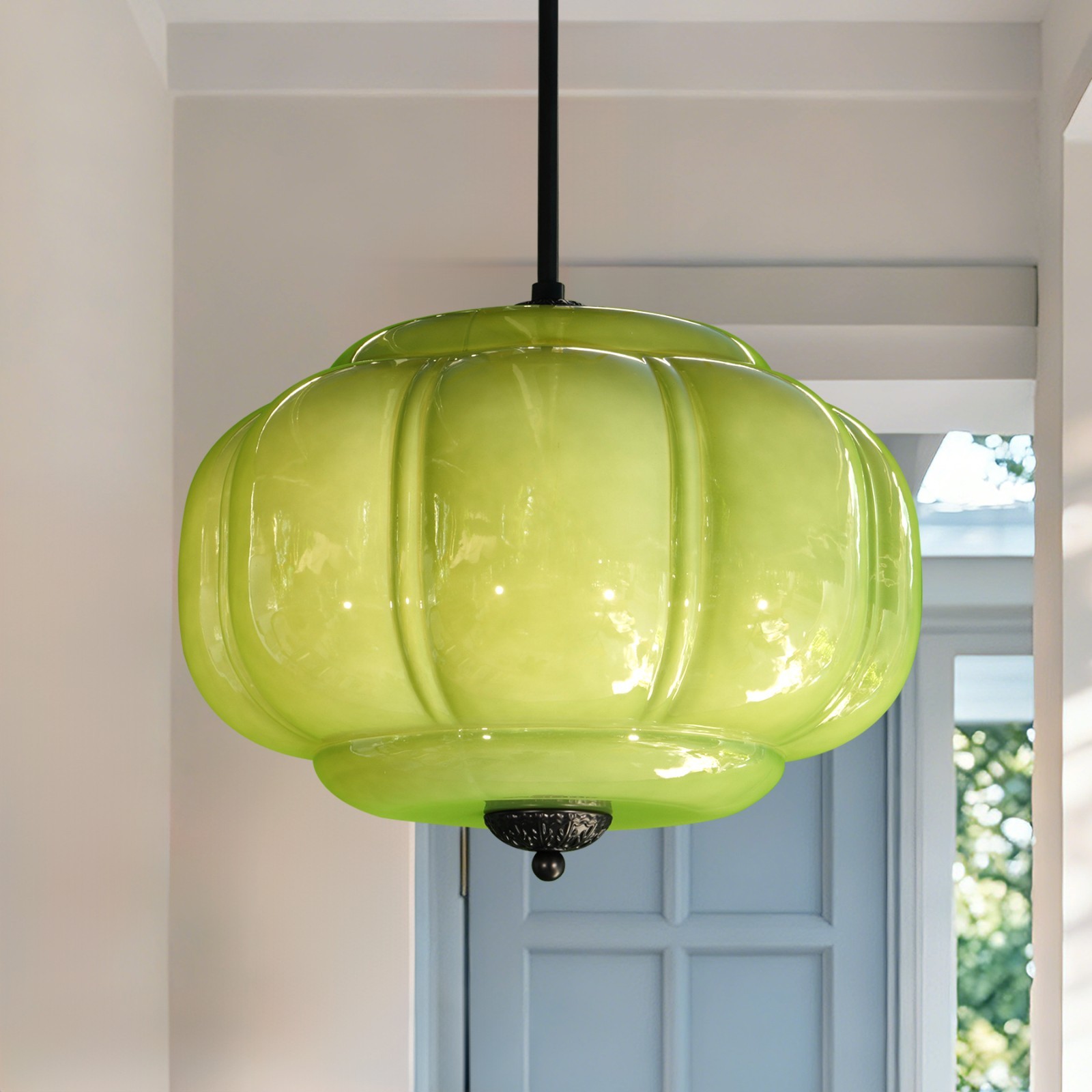 14’Simple Green Pumpkin Shaped Pendant Light,Living Room/dining Room Glass Light
