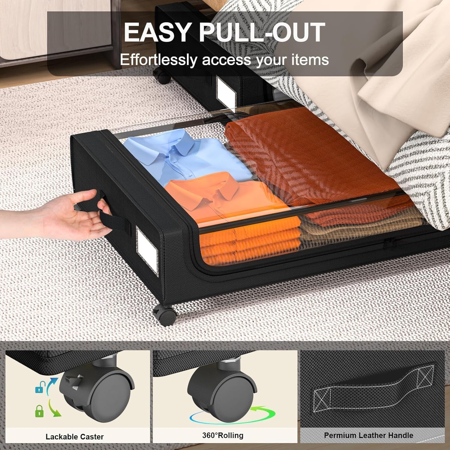 GoMaihe XXL Under Bed Storage | 4-Pack Rolling Bins with Clear Lids for Clothes