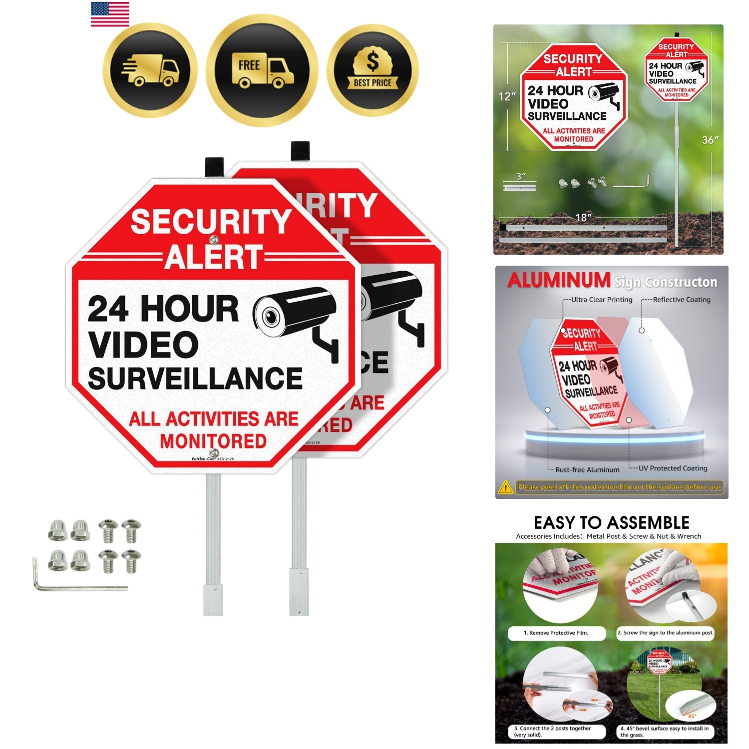 Security Sign Video Surveillance Sign with 36″ Stake for Outside, 2-Pack 12″x…