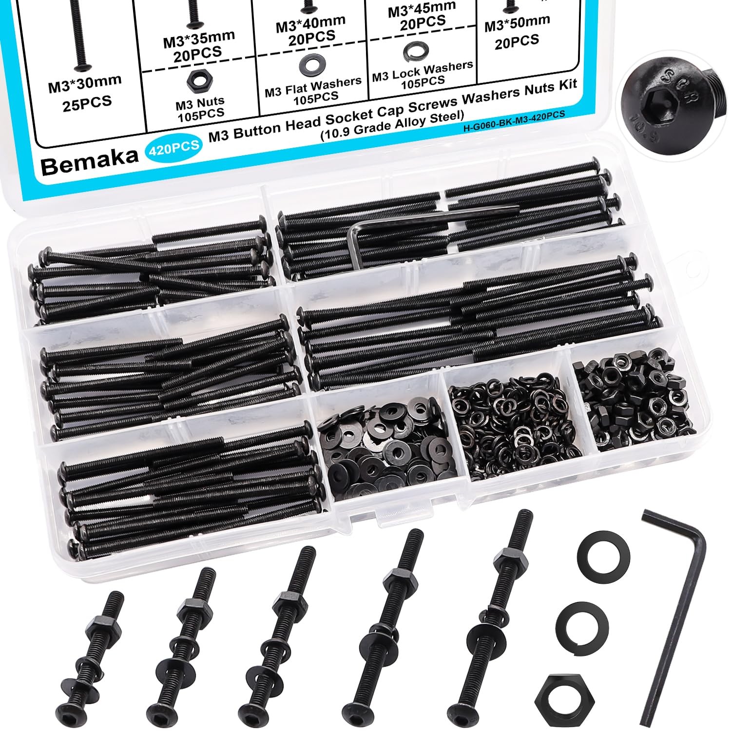 M2/3/4/5/6 Hex Button/Socket Head Cap Screws Bolts Nuts Washers Assortment Kit