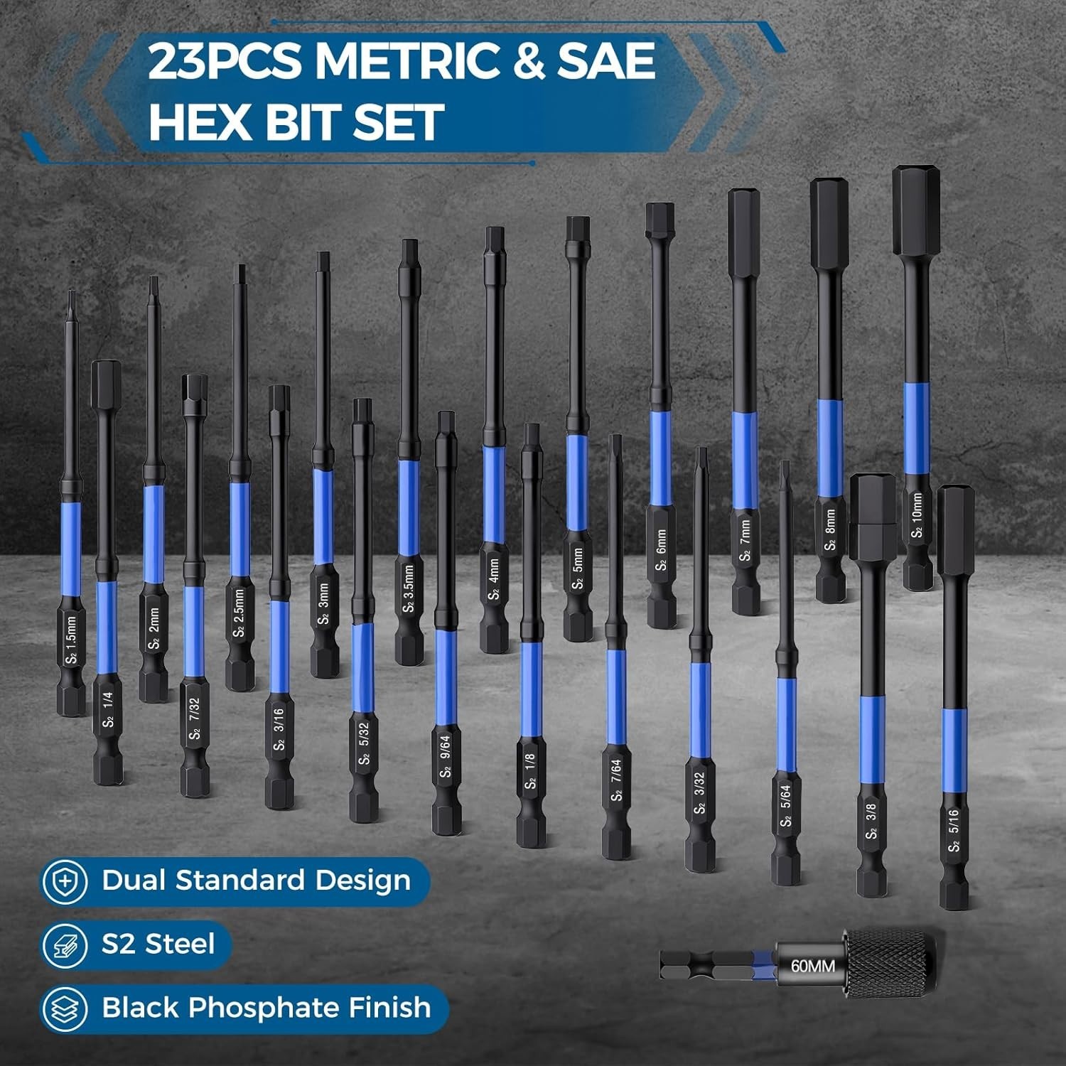 VESTTIO 23PCS 4 inch Hex Bit Set, Metric & SAE Allen Wrench Drill Bit Set, 1/4″