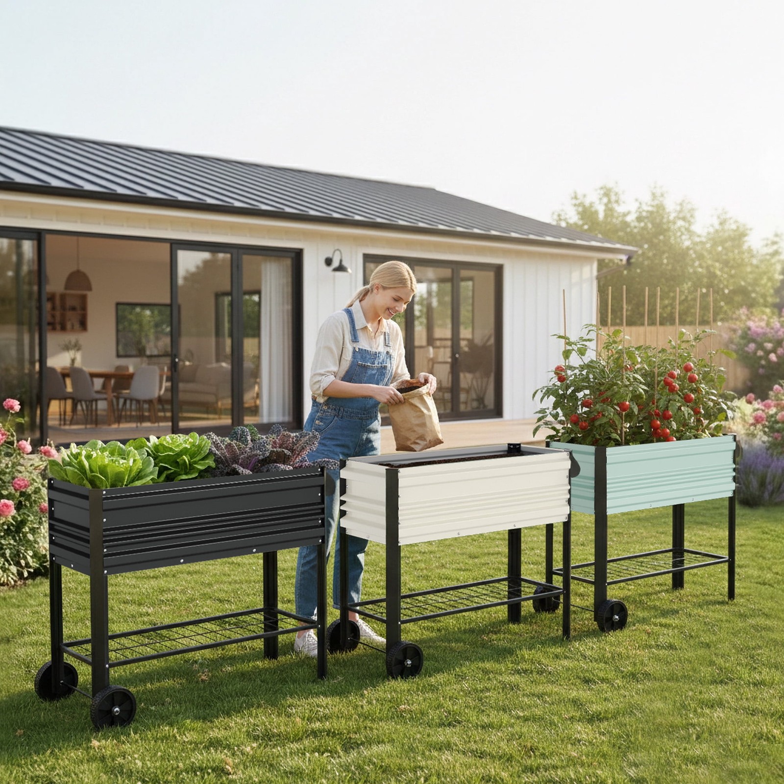 WORKPRO 37in Outdoor Galvanized Raised Garden Bed with Legs and Wheels, White,