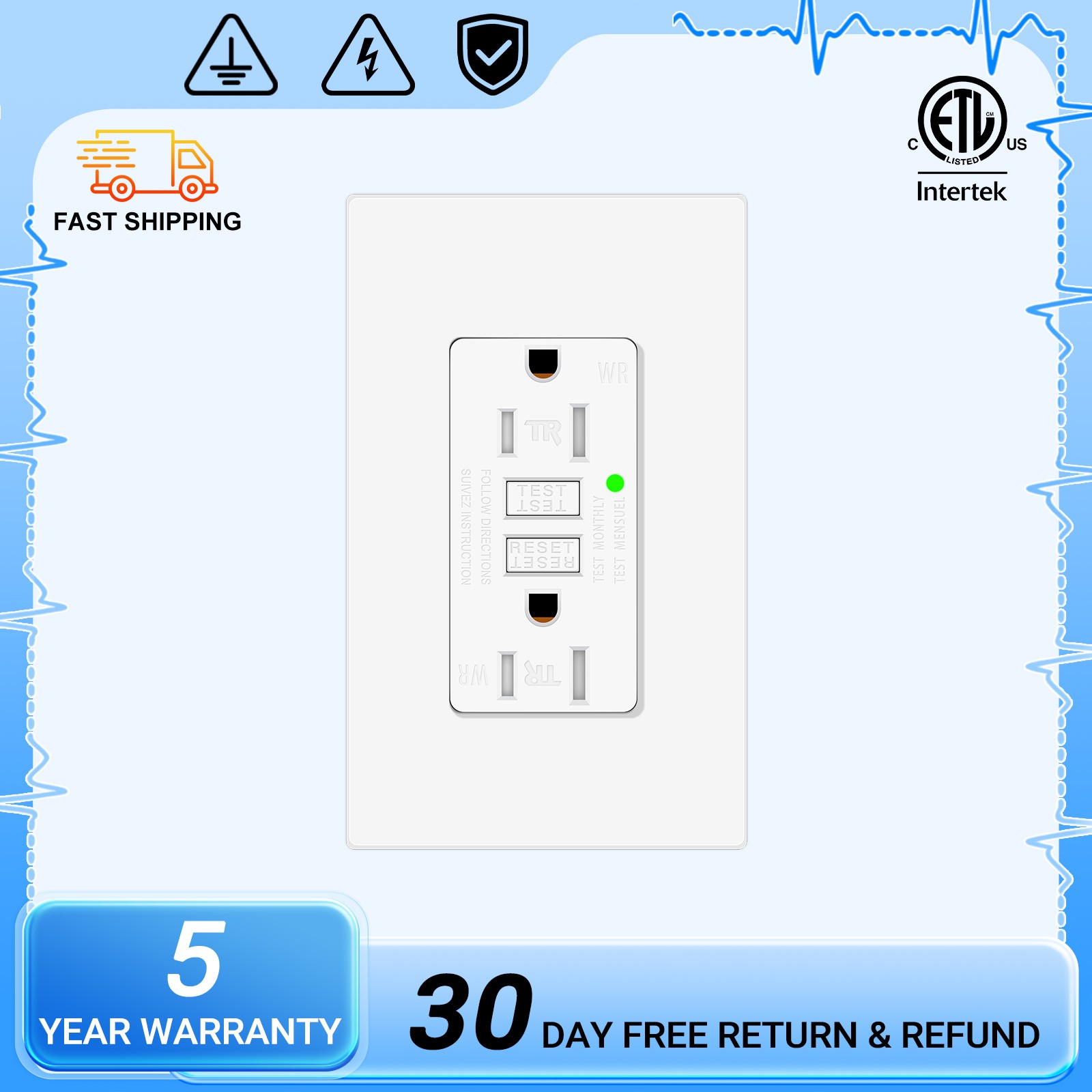 GFCI Outlet 15A Wall Receptacle Tamper Resistant TR WR w/ Wall Plate ETL 1Pack
