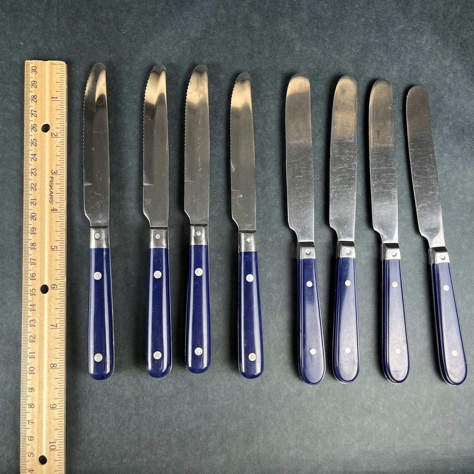 30pc VTG MCM Blue Riveted Handle Flatware Stainless Lifetime Thailand, Korea Mix