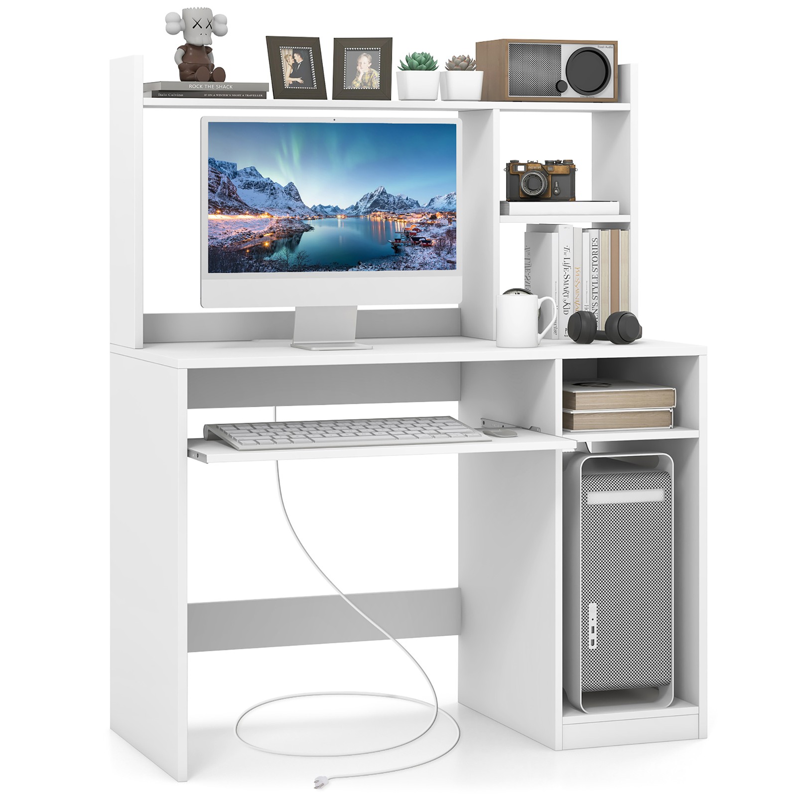 Computer Desk Hutch Home Office Study Writing Table w/ Bookshelf Keyboard Tray