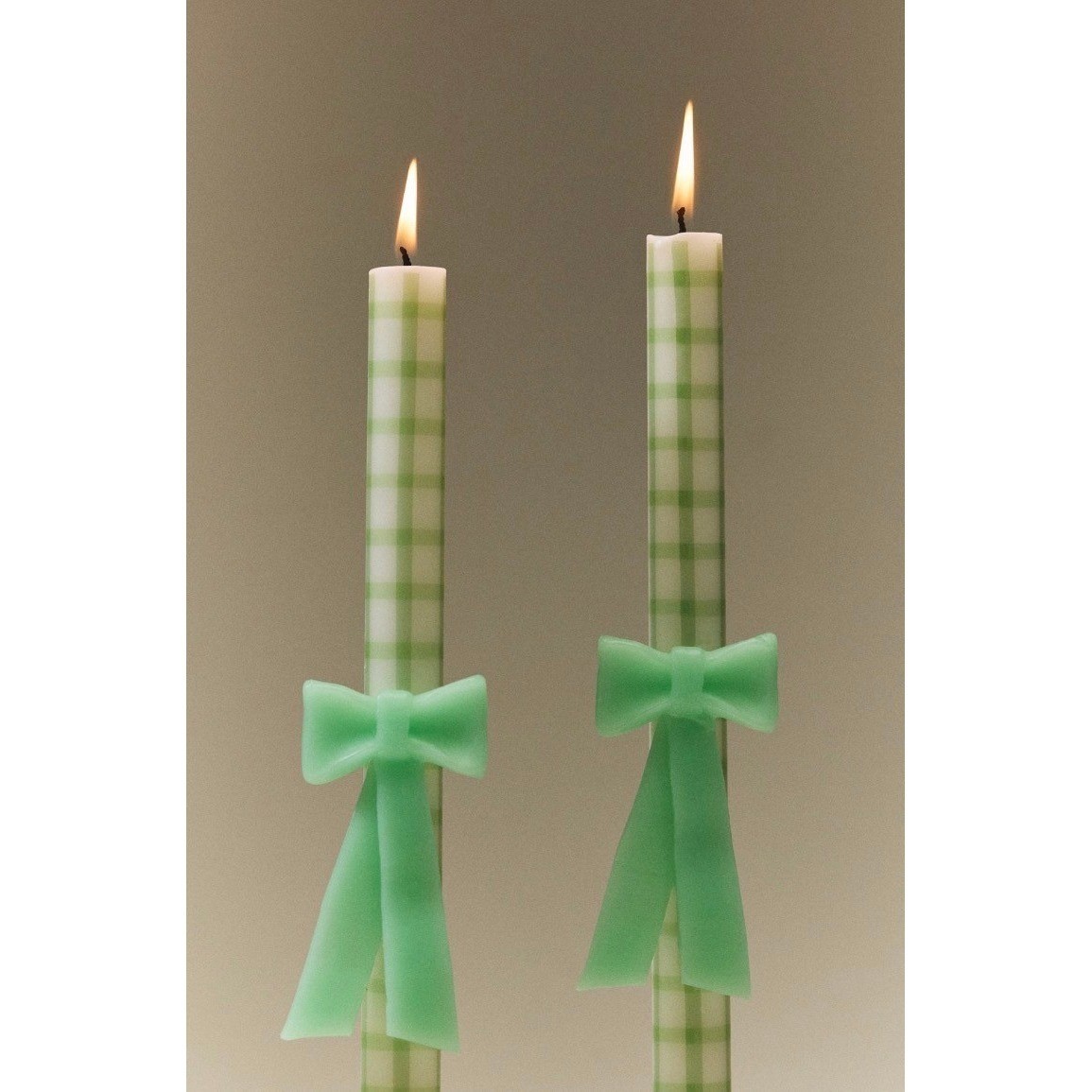 Anthropologie Green Gingham Bow Taper Candles Set of 2 Hand Sculpted 9.8 in NEW