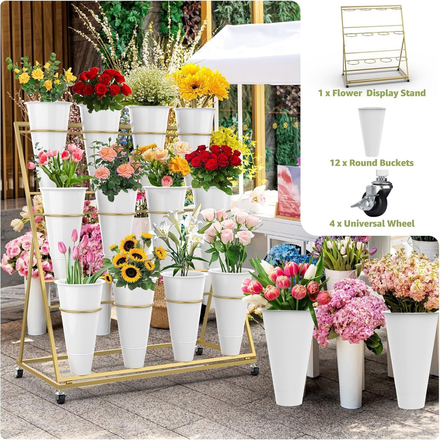 3 Layers Flower Display Stand w/ 12 PCS Round Buckets Florist Flower Cart Rack