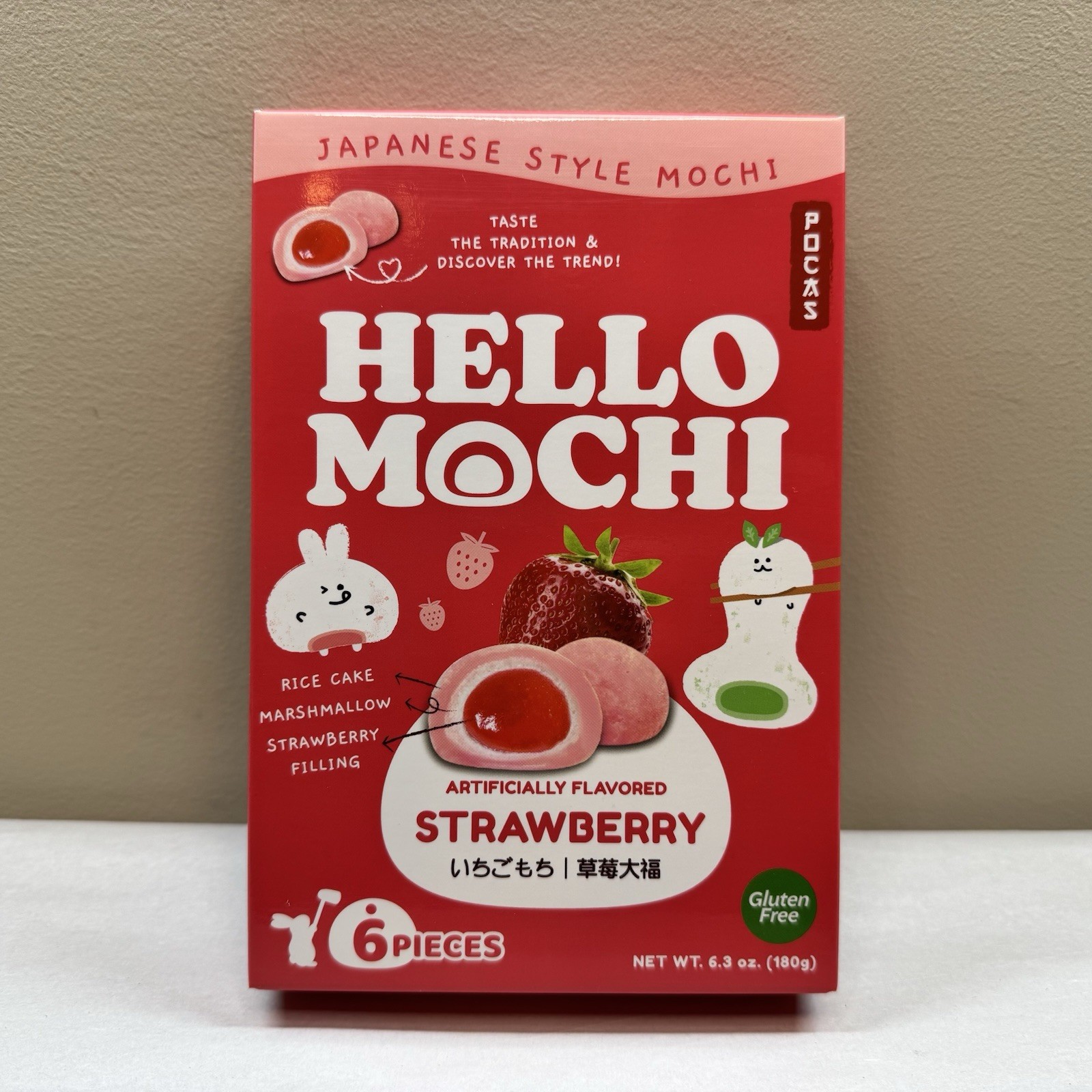 Pocas Hello Mochi Japanese Style Mochi 6pc Strawberry Flavor Candies 6.3 oz