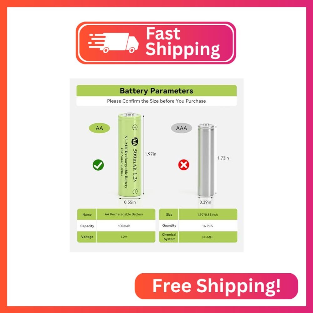Hronn Ni-MH AA Rechargeable Batteries, 16 Pack Double A 1.2V 500mAh Battery for