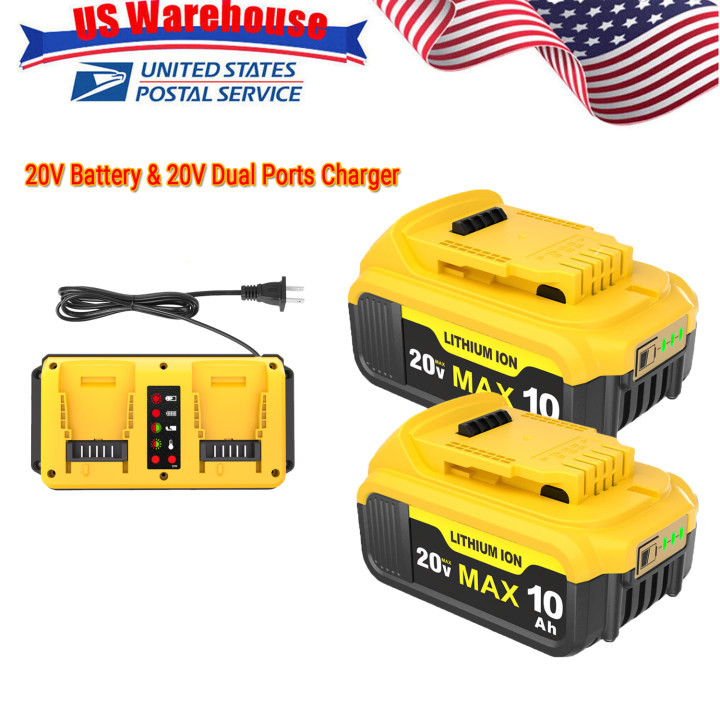2 Pack 20V 10.0Ah Battery & Dual Charger Kit for De walt 20 Volt MAX Batteries