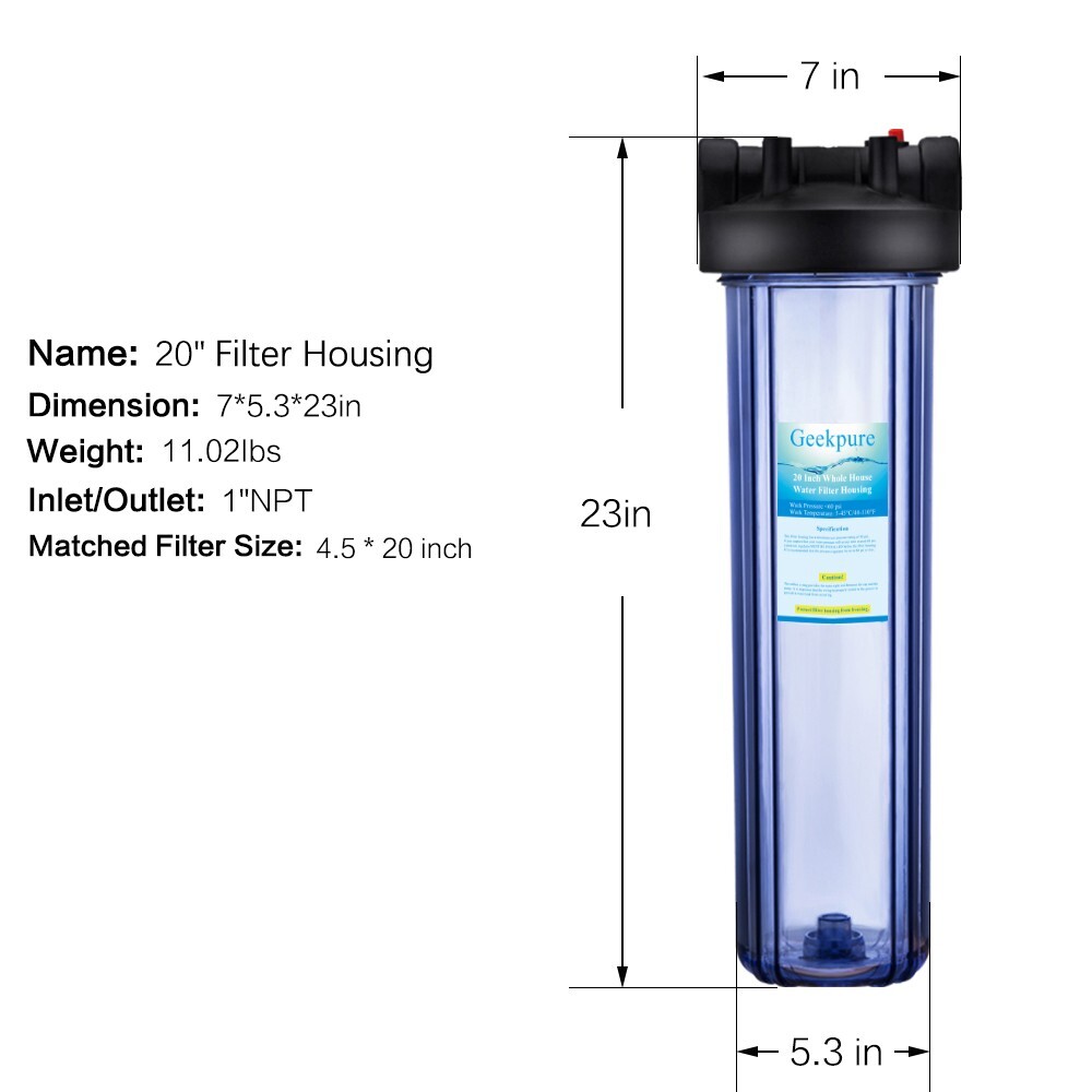 Geekpure 20 Inch Clear Whole House Water Filter Housing – 4.5″ x 20″ – 1″ Port