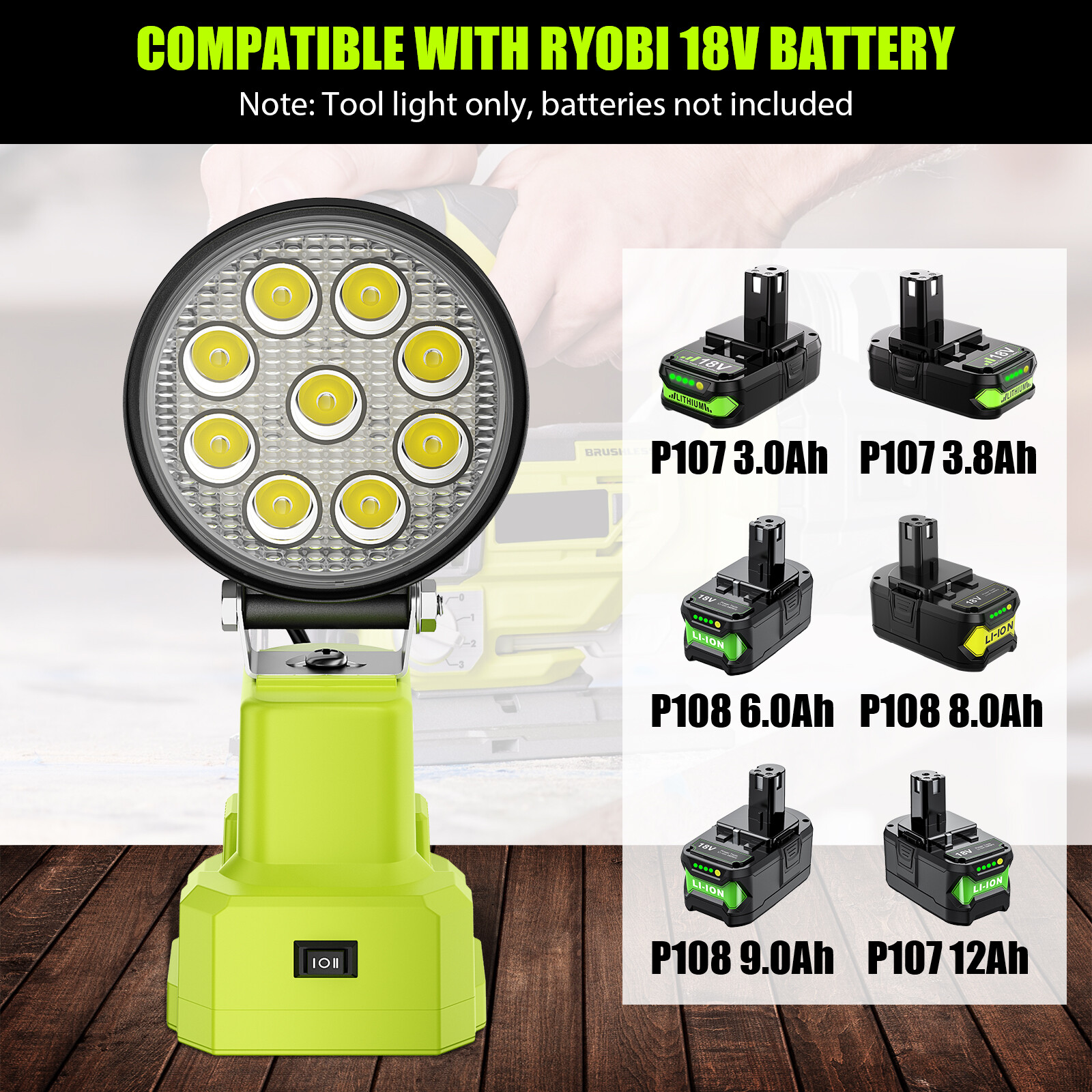 Cordless LED Work Light for Ryobi 18V One+ Li-ion Battery 18W 2100LM no battery