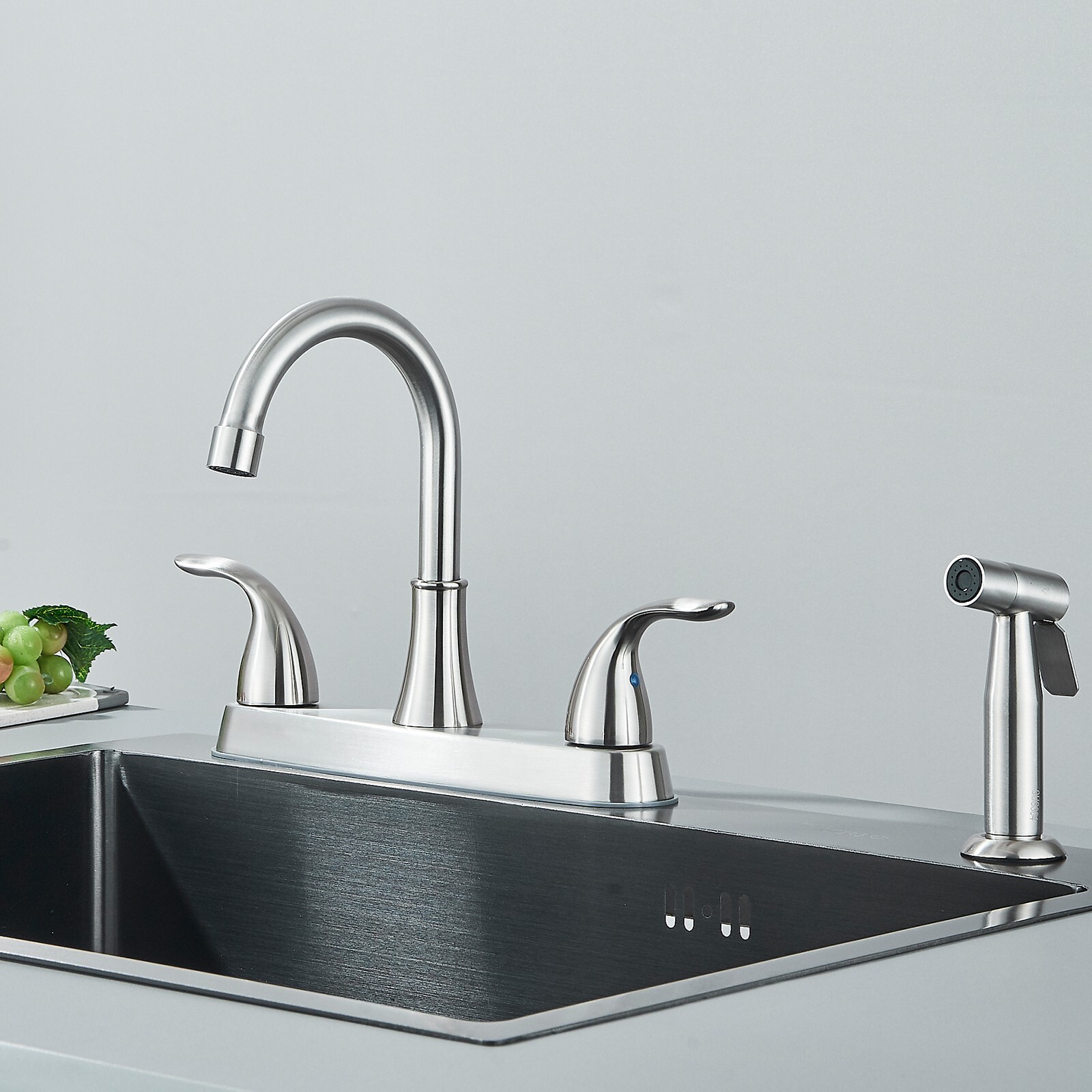 Brushed Nickel Kitchen Faucet 2Handle 4 Hole Sink Mixer Faucet with Side Sprayer