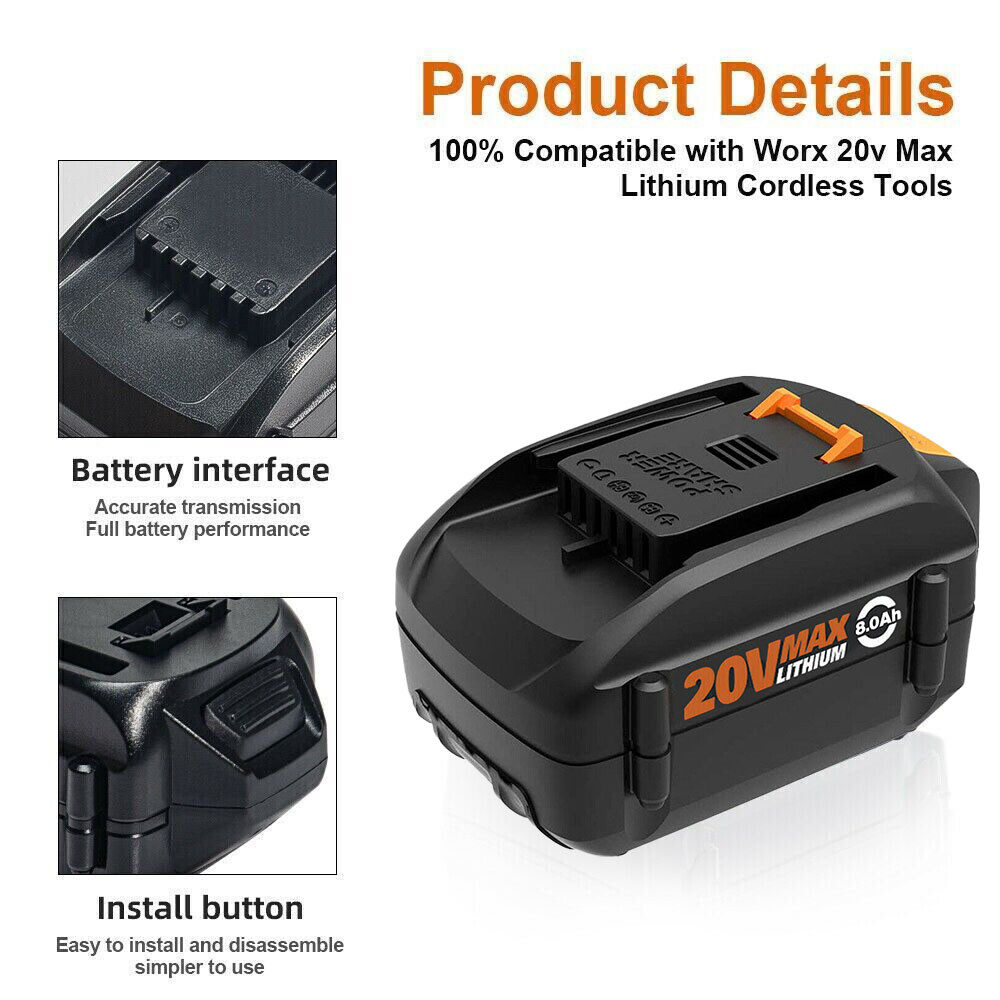 2PCS 8.0AH For WORX MAX Extend Lithium Battery 20Volt WA3520 WA3525 WA3575 WG155