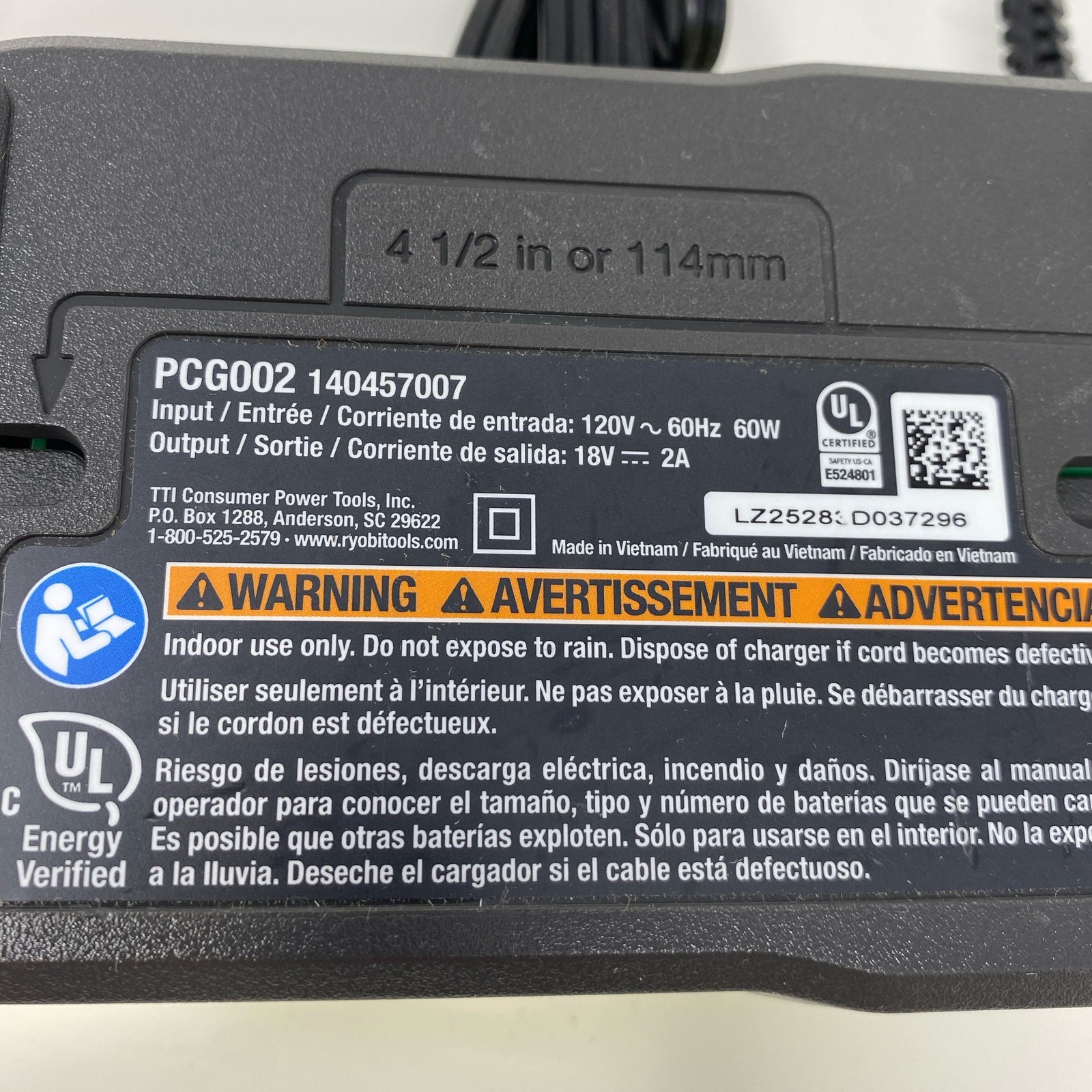 Ryobi ONE+ 18V PCG002 Charger – Neon Green Corded