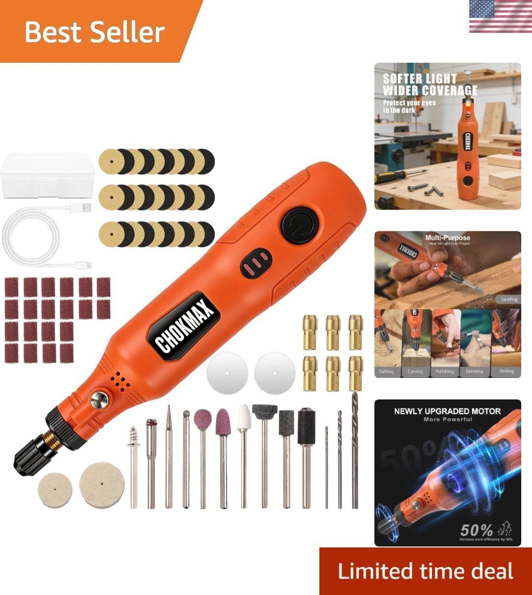 Ergonomic Cordless Rotary Tool with 3-Speed Settings & Complete Accessory Set