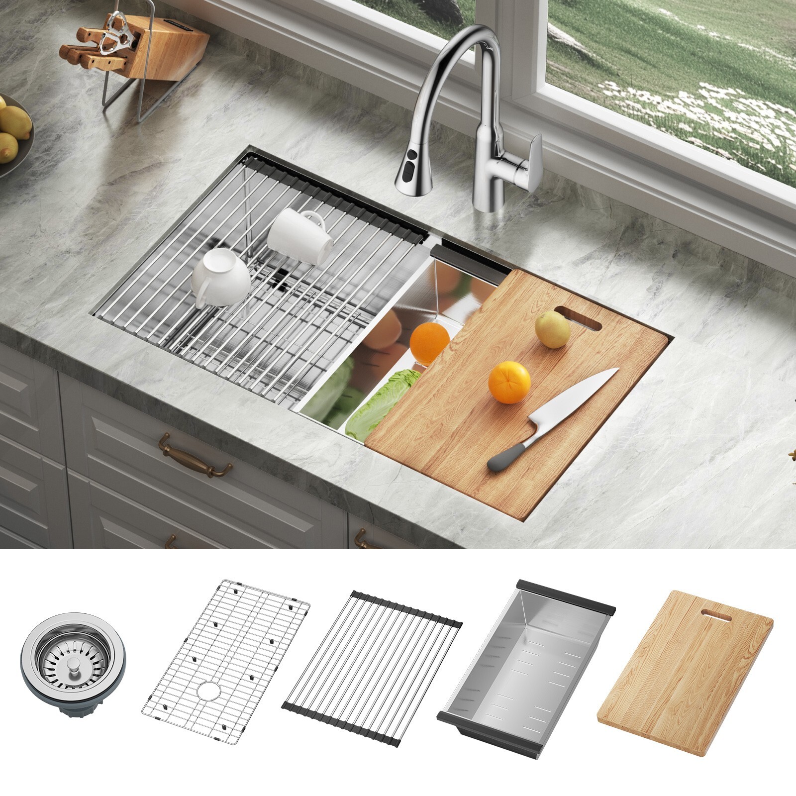 JOMOO 32″ Drop-In Kitchen Sink Workstation 18-Gauge Brushed Stainless Steel Bowl