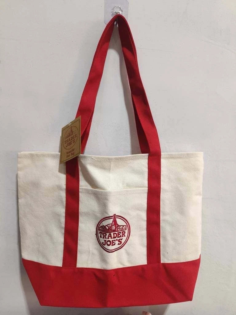 TRADER JOE’S LARGE CANVAS BAG HEAVY COTTON REUSABLE SHOPPING BAG LARGE RED US