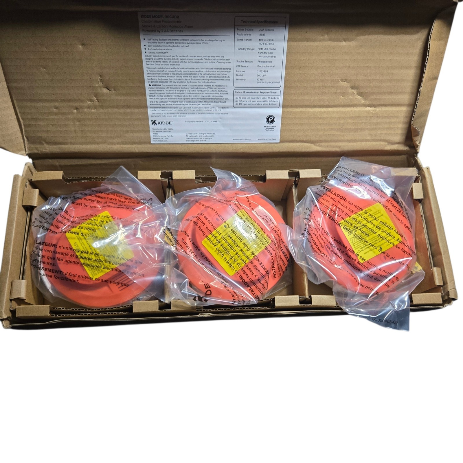 Kidde 30CUDR Smoke & CO Detector 3‑Pack AA Battery LED Status 85dB, Dec 2025