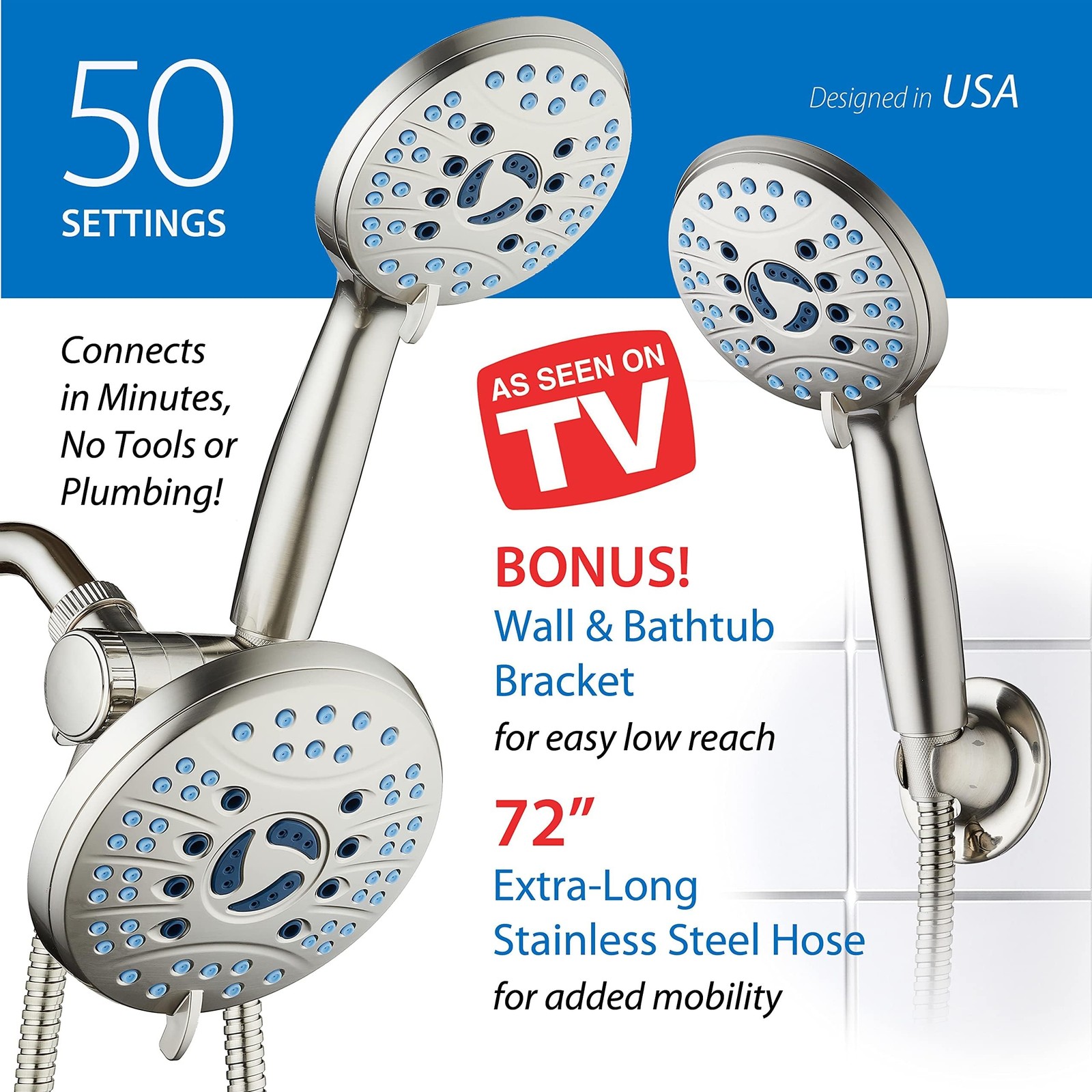 Hotel Spa AquaCare 50-mode High Pressure 7 Inch Shower Head Combo w/Dual Power