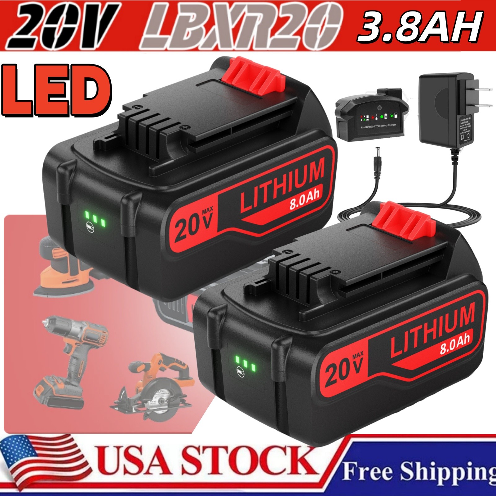 2PACK 8.0AH 4.0AH BATTERY Replace LB2X4020 for Black Decker 20 Volt MAX Lithium