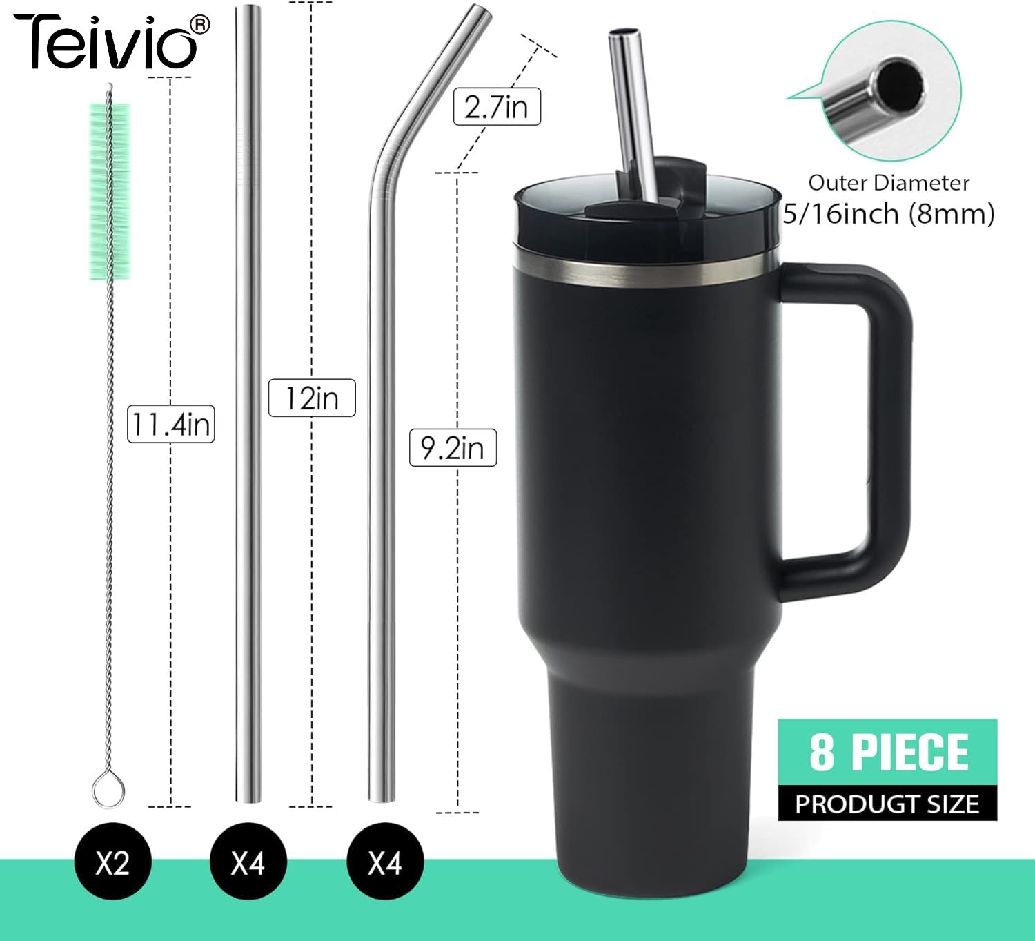 8 Piece 12 Inch Extra Long Reusable Metal Stainless Steel Thick Drinking Straws