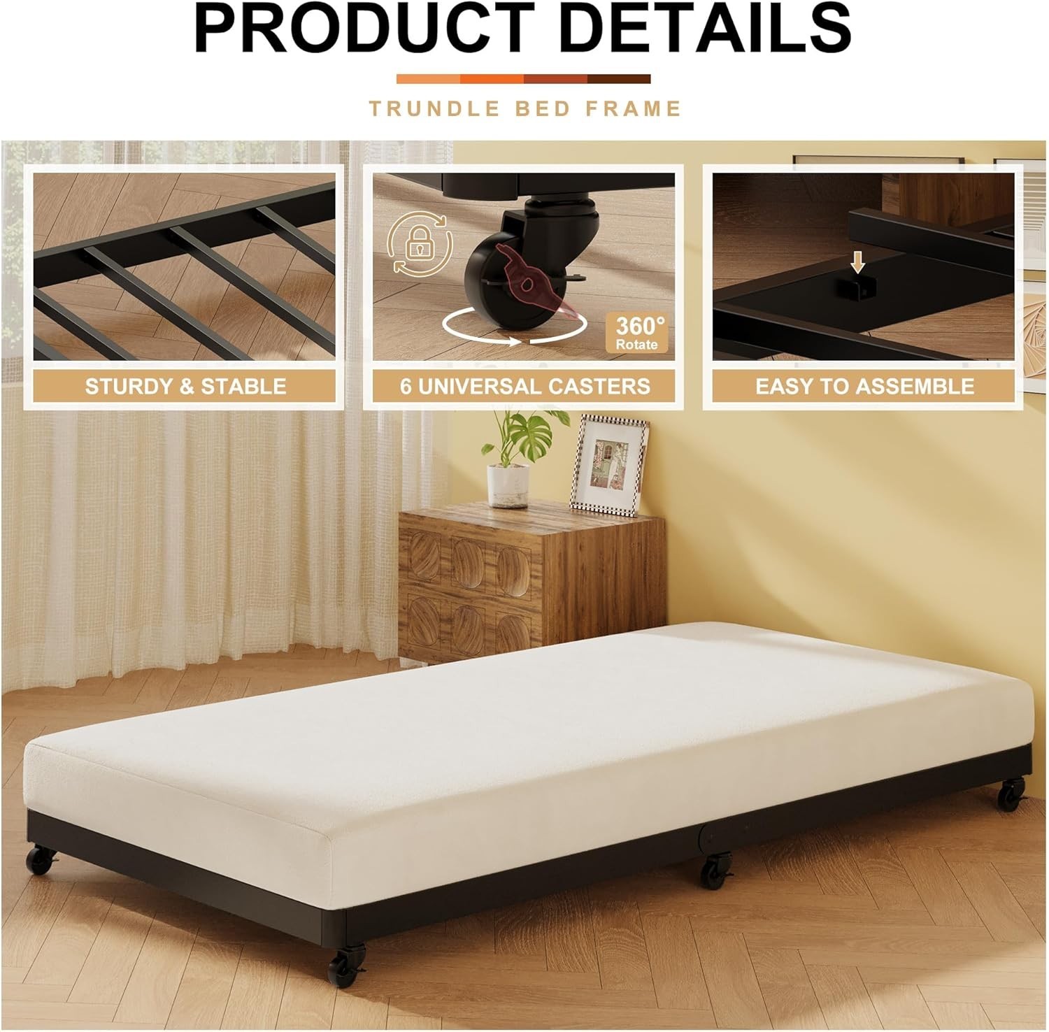 Trundle Bed Twin with 6 Lockable Casters, Roll Out Twin Trundle Bed Frame wit…