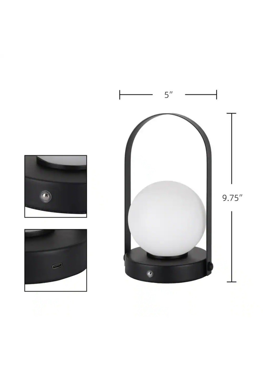 9.8 In. Black Contemporary Rechargeable 3CCT Integrated LED Globe Lamp with Hand