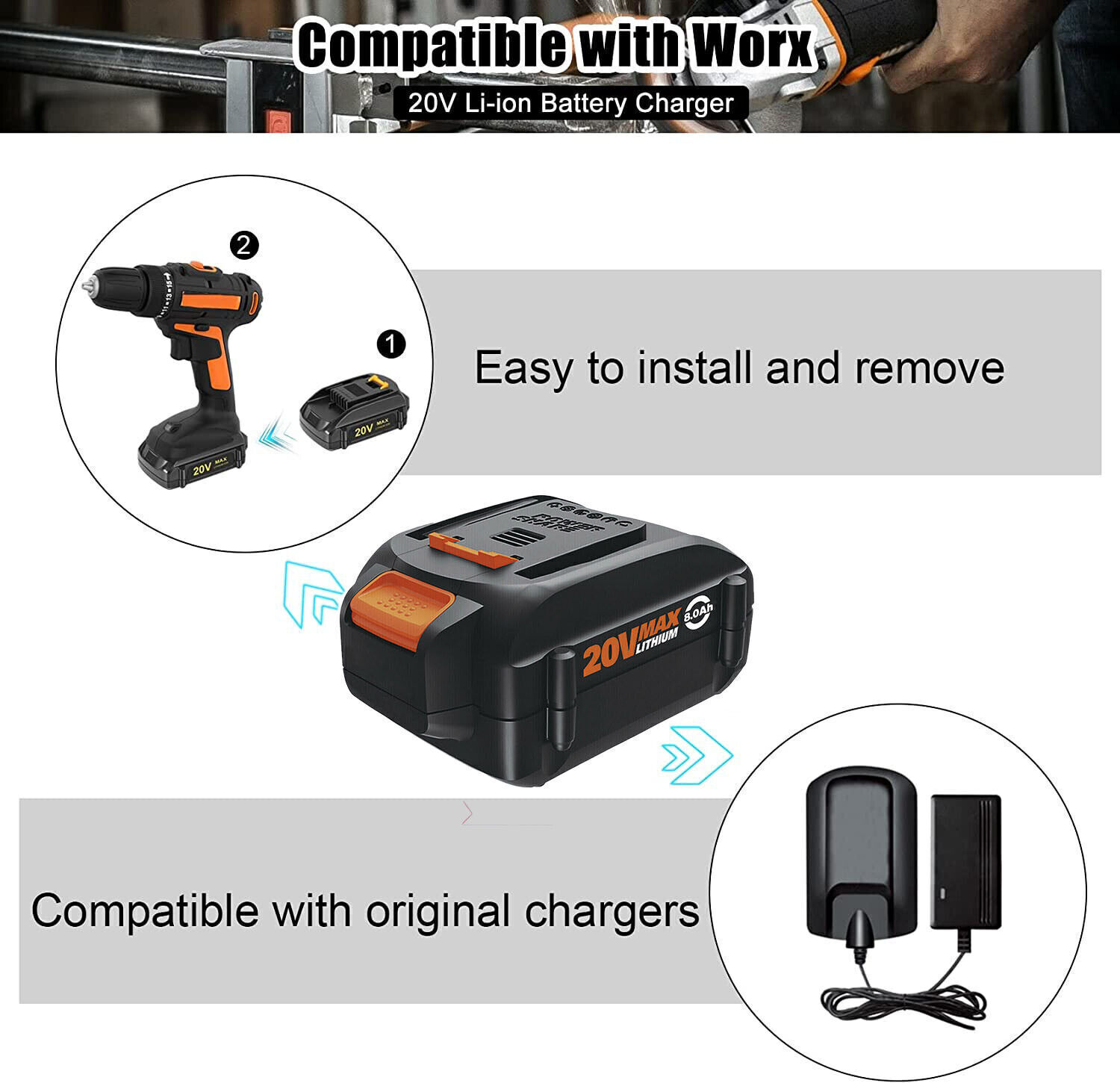 8.0AH 20V MAX Battery For WORX Extend Lithium 20 Volt WA3520 WA3525 WA3575 WG155