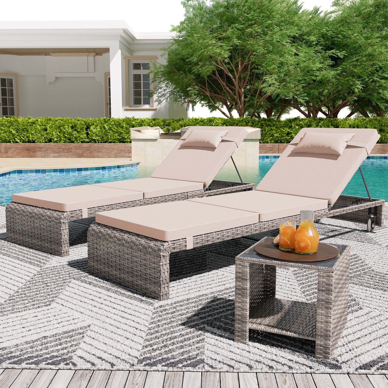 Danrelax Chaise Lounge Set (Set of 3), Modern Outdoor Patio Furniture, Beige