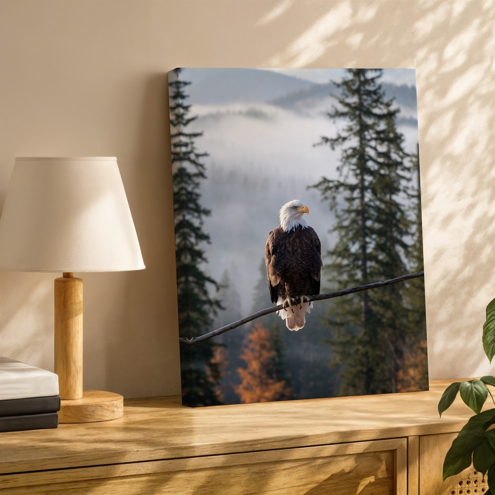 Wall Art Majestic Bald Eagle Perched On A Slender Branch, Overlooking A Misty