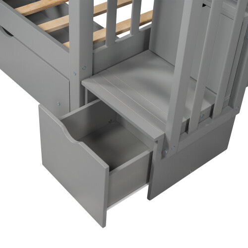 Full Over Full Bunk Bed w/ 6 Storage Drawers & Stairs For Kids Teens Adults Gray
