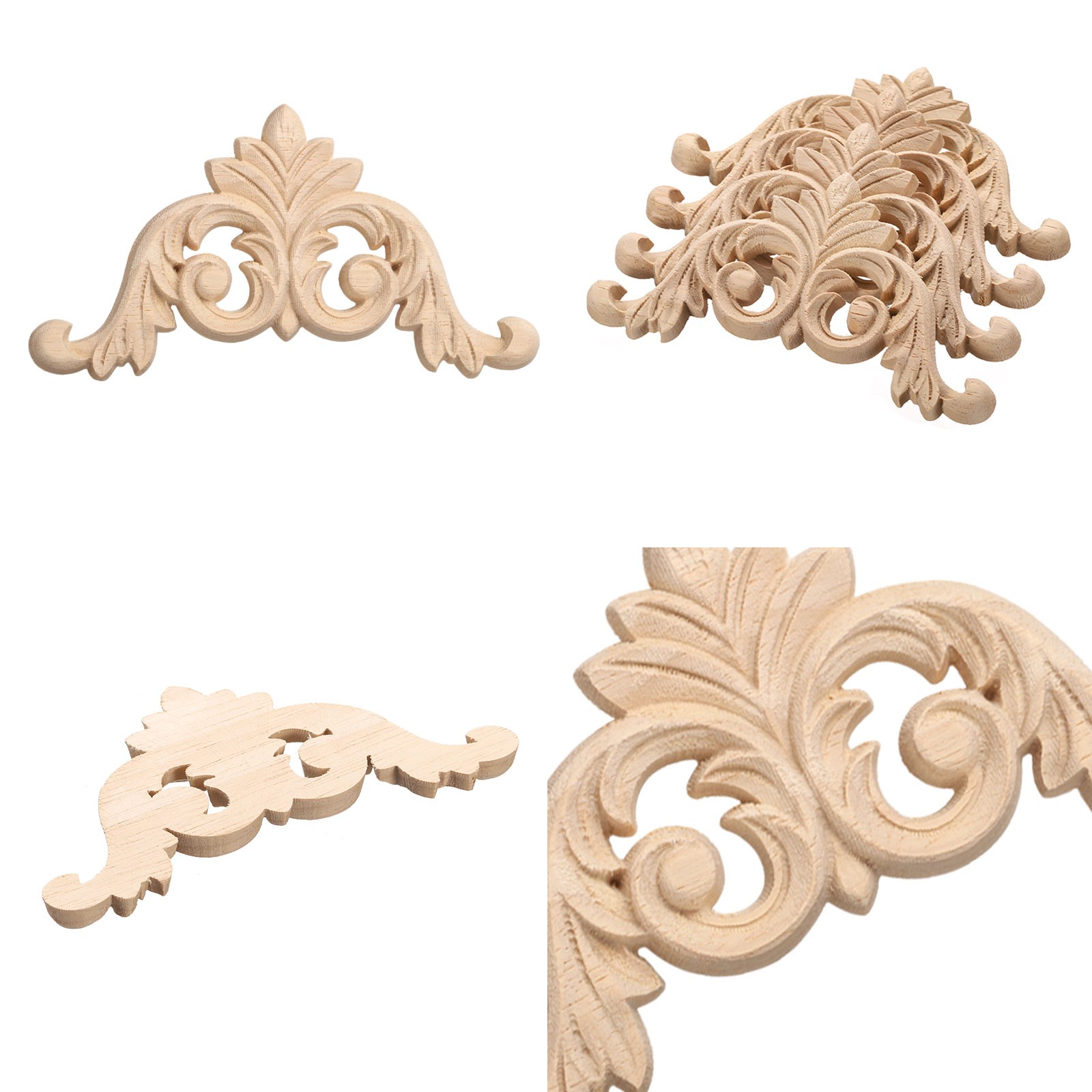 4Pack Carved Wood Appliques Onlays 8x8cm Unpainted Corners Carvings Decals