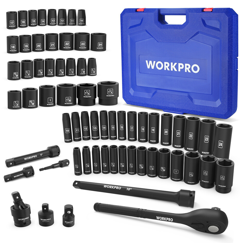 WORKPRO 65PC 1/2” Drive Impact Socket Sets 3/8″-1-1/4″ 10-24mm Deep Shallow Kits