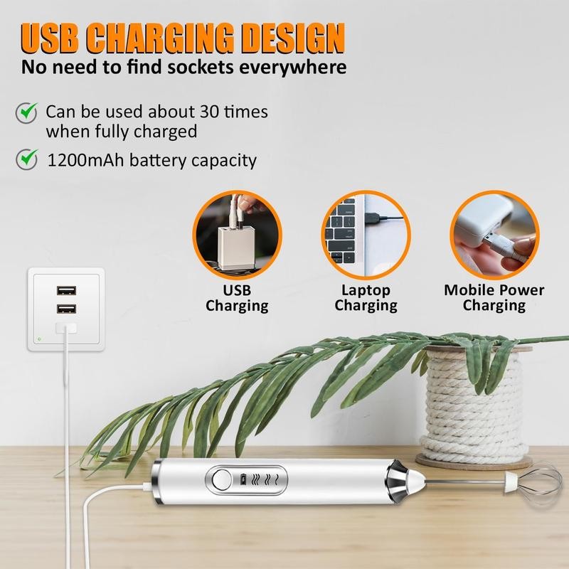 Milk Frother Wand for Coffee, Rechargeable Electric Whisk with 3 Heads