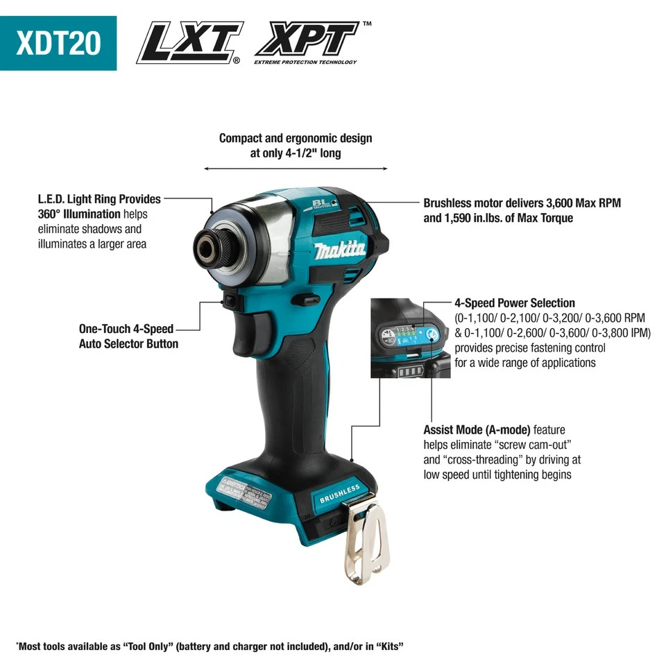MAKITA XDT20Z 18V LXT Li-Ion Brushless | Cordless | 4-Speed Impact Driver