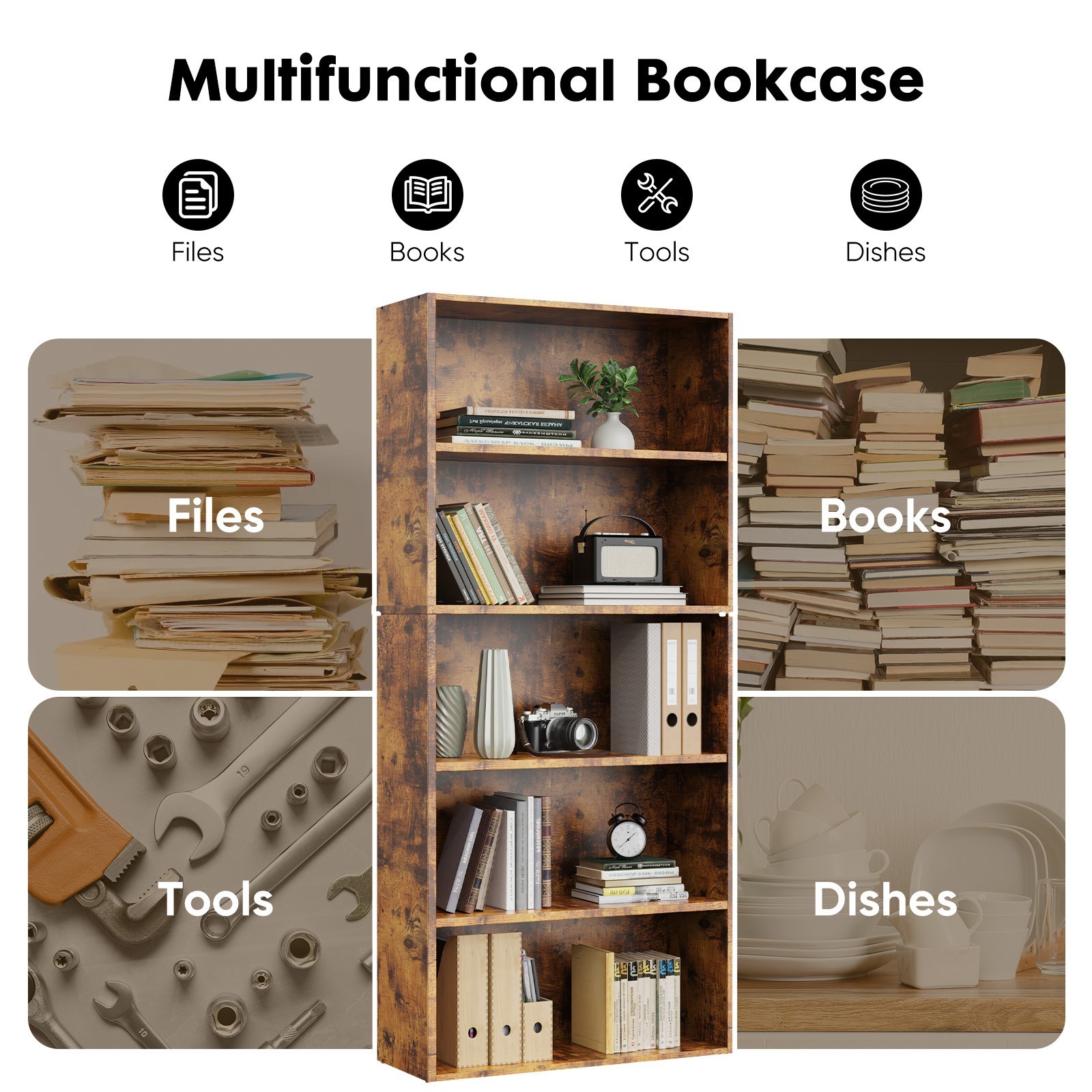 Bookshelf 5 Tier Storage Shelf Adjustable Bookcase Open Wood Magazine Organizer