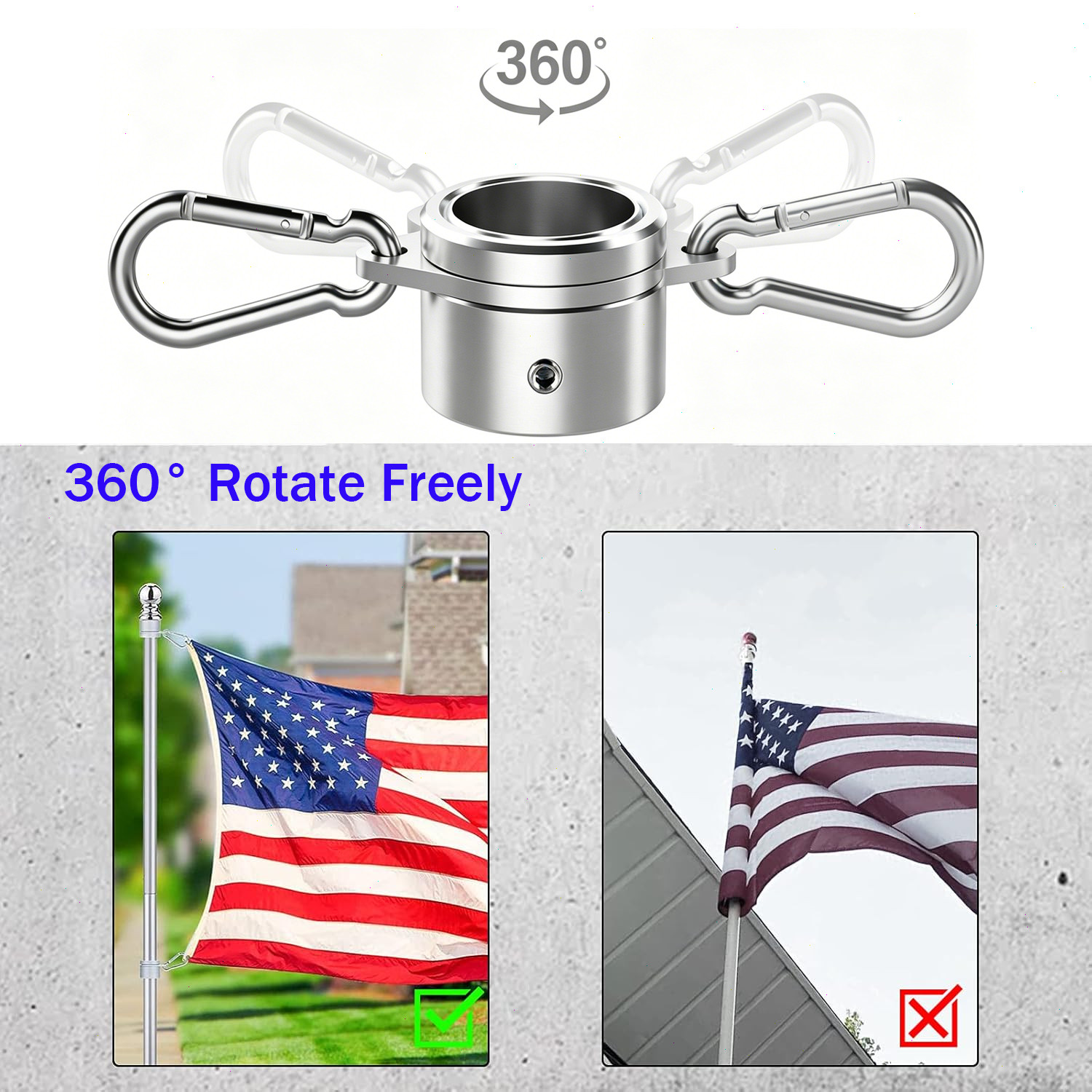 Flag Pole Rings, Aluminum Alloy 360° Rotating Anti Wrap Flag Spinning Ring Clips