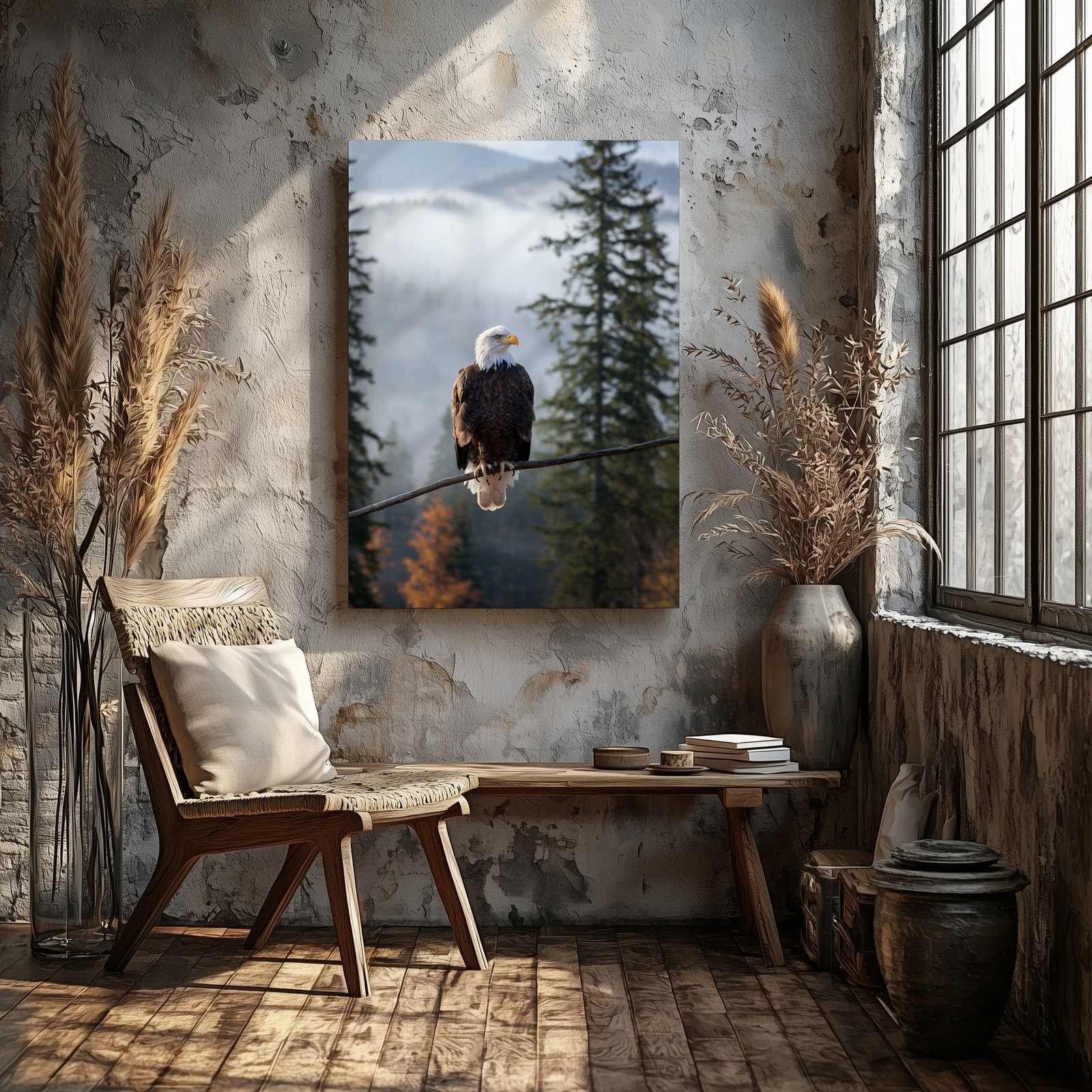 Wall Art Majestic Bald Eagle Perched On A Slender Branch, Overlooking A Misty