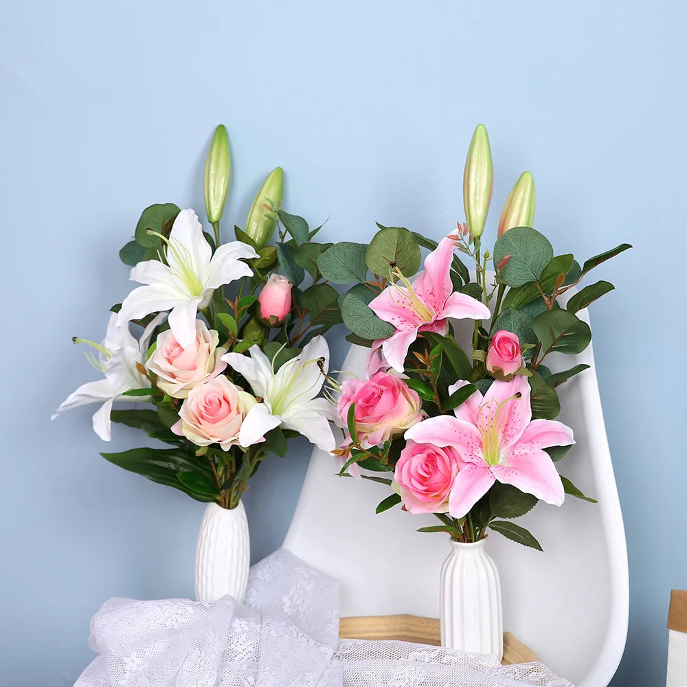 Artificial silk flowers fake lily Bouquet 41cm long DIY creative bouquet as gift