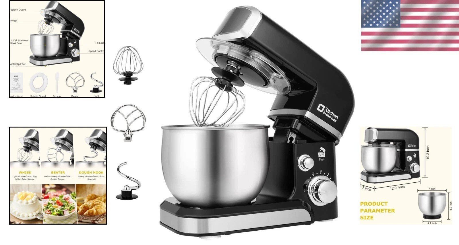 3.2Qt Black Stand Mixer with 6 Speeds & Easy Clean Dishwasher Safe Parts