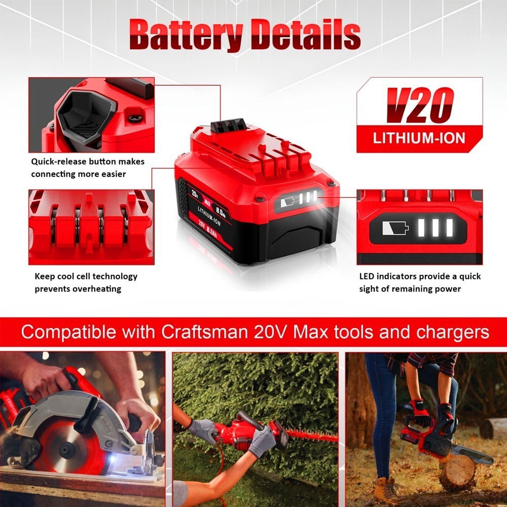 Pack FOR CRAFTSMAN 20V Max V20 Lithium Ion 8.0 Ah Battery CMCB206 LED Indicator