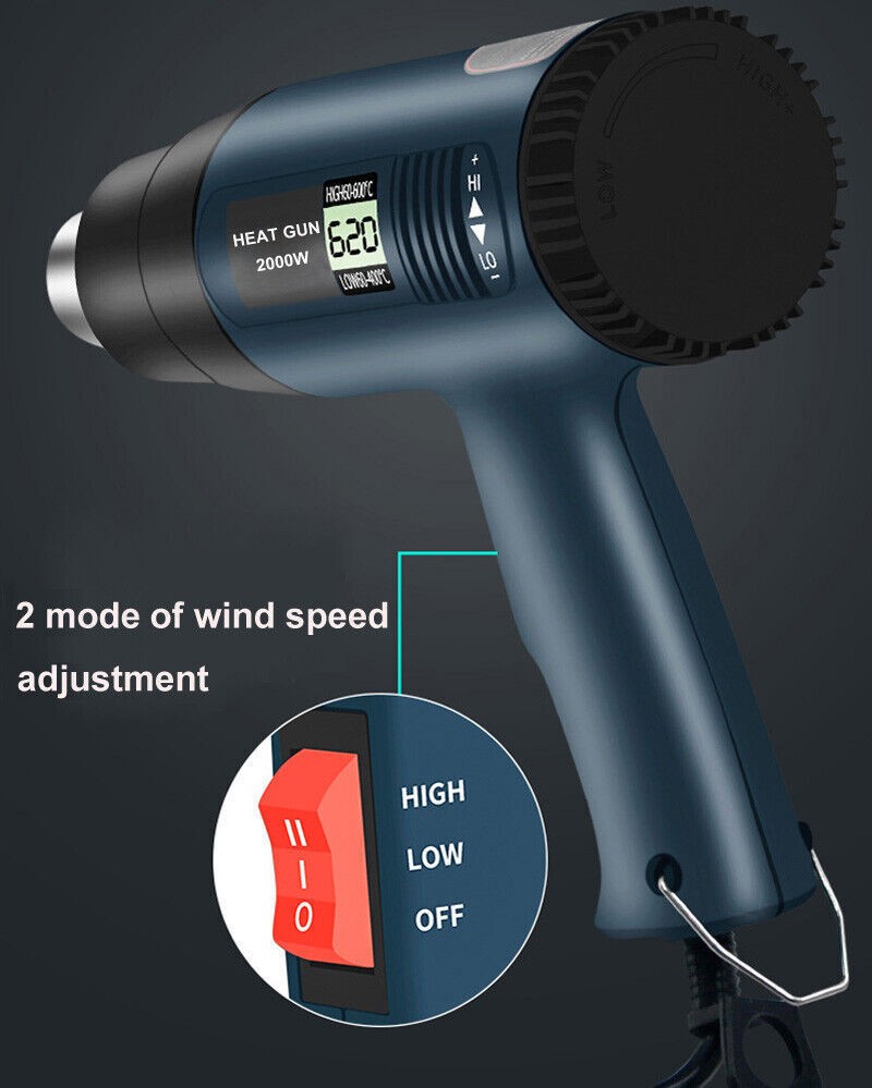 2500W Heat Gun Electric Hot Air Gun w/ Dual-Temperature LCD Show 4 Nozzles Tool