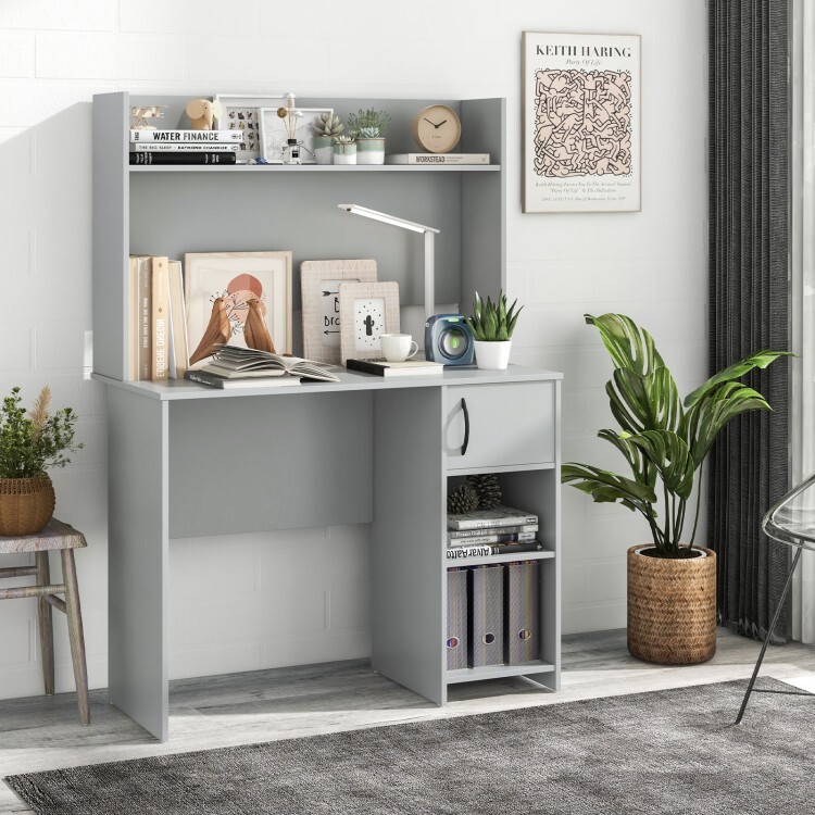 Home Office Study Computer Desk & Door Cabinet Raised Display Shelf 2 Open Shelf