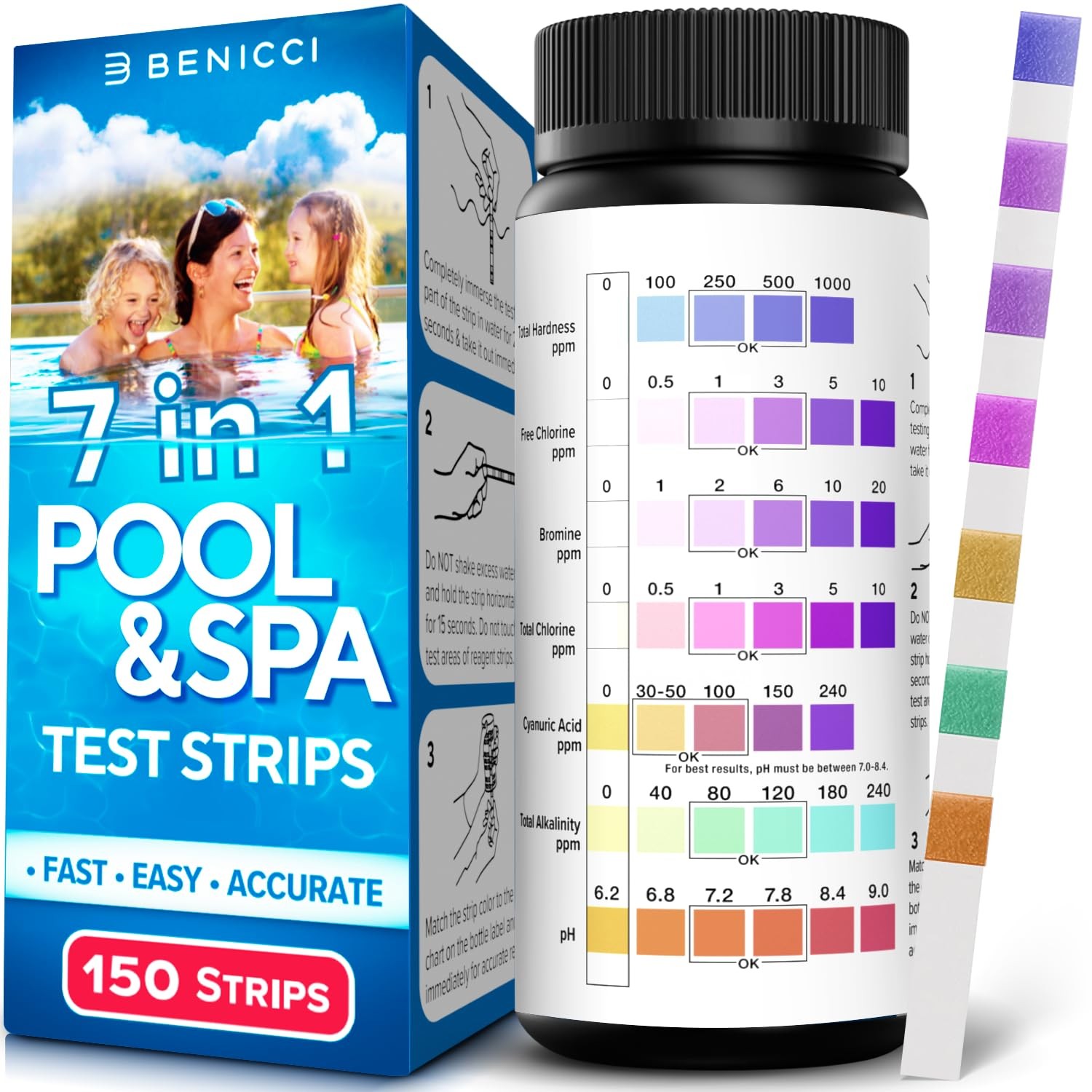 7-in-1 Accurate Pool Test Strips – 150 Hot Tub Spa – Quick Pool…