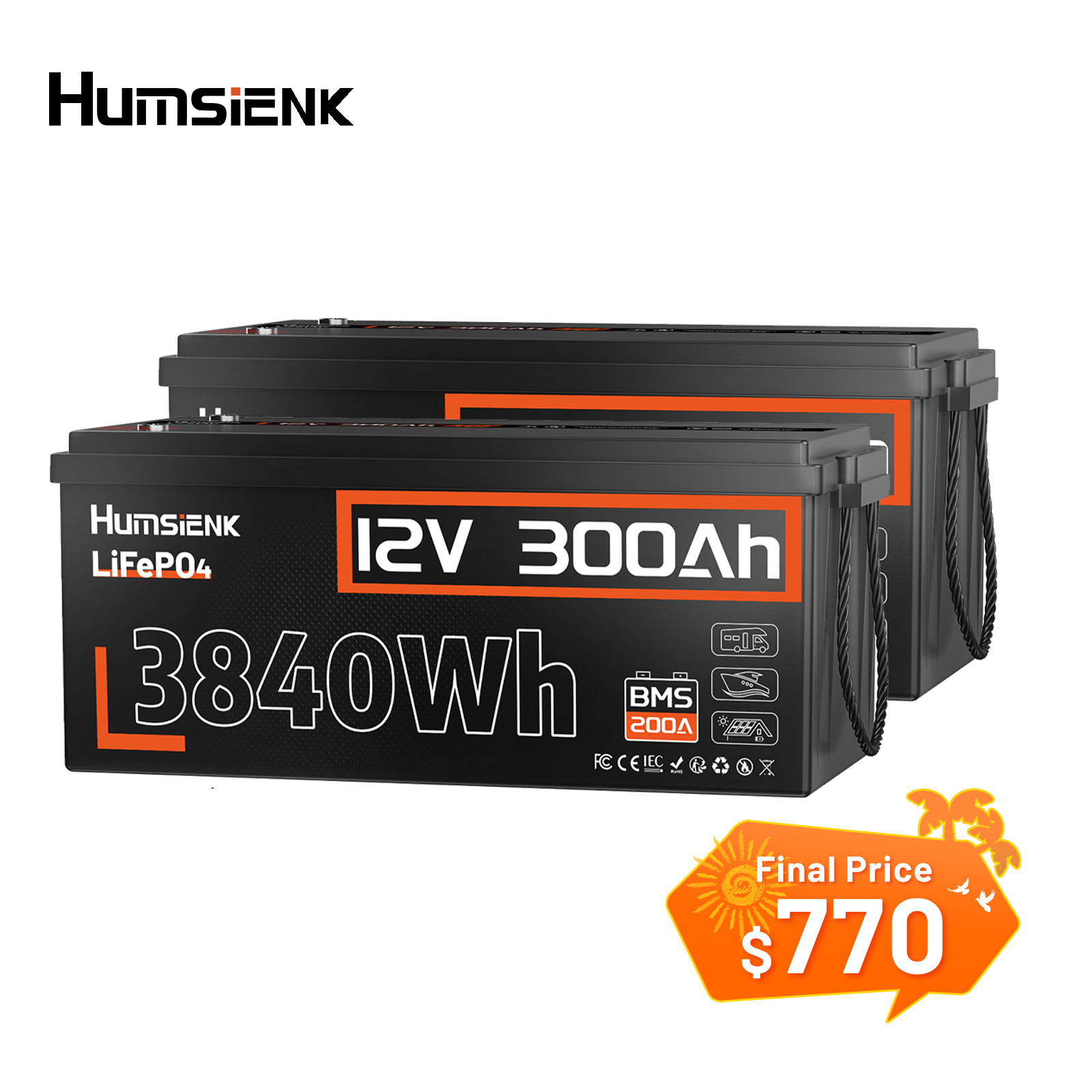 2Pcs 12V 300Ah 7680Wh LiFePO4 Battery 200A BMS Deep Cycles Marine RV Yacht Boat