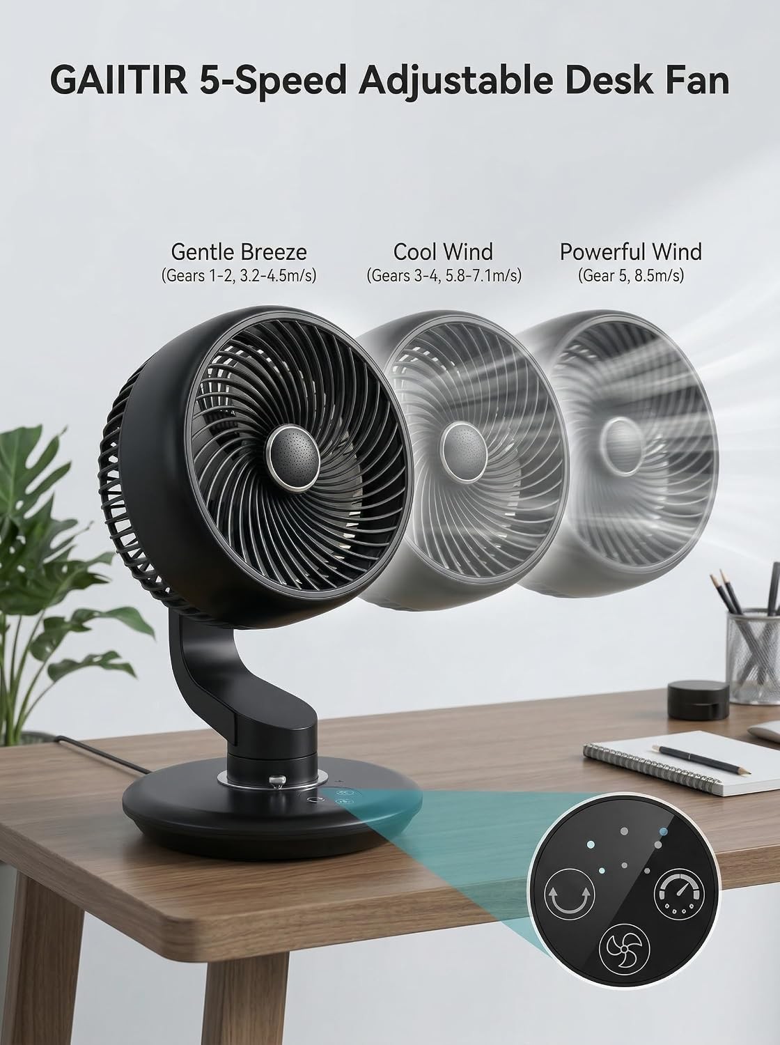 GAIITIR Desk Fan for Office,Oscillating Air Circulator Fan,30dB Quiet,12H Runtim