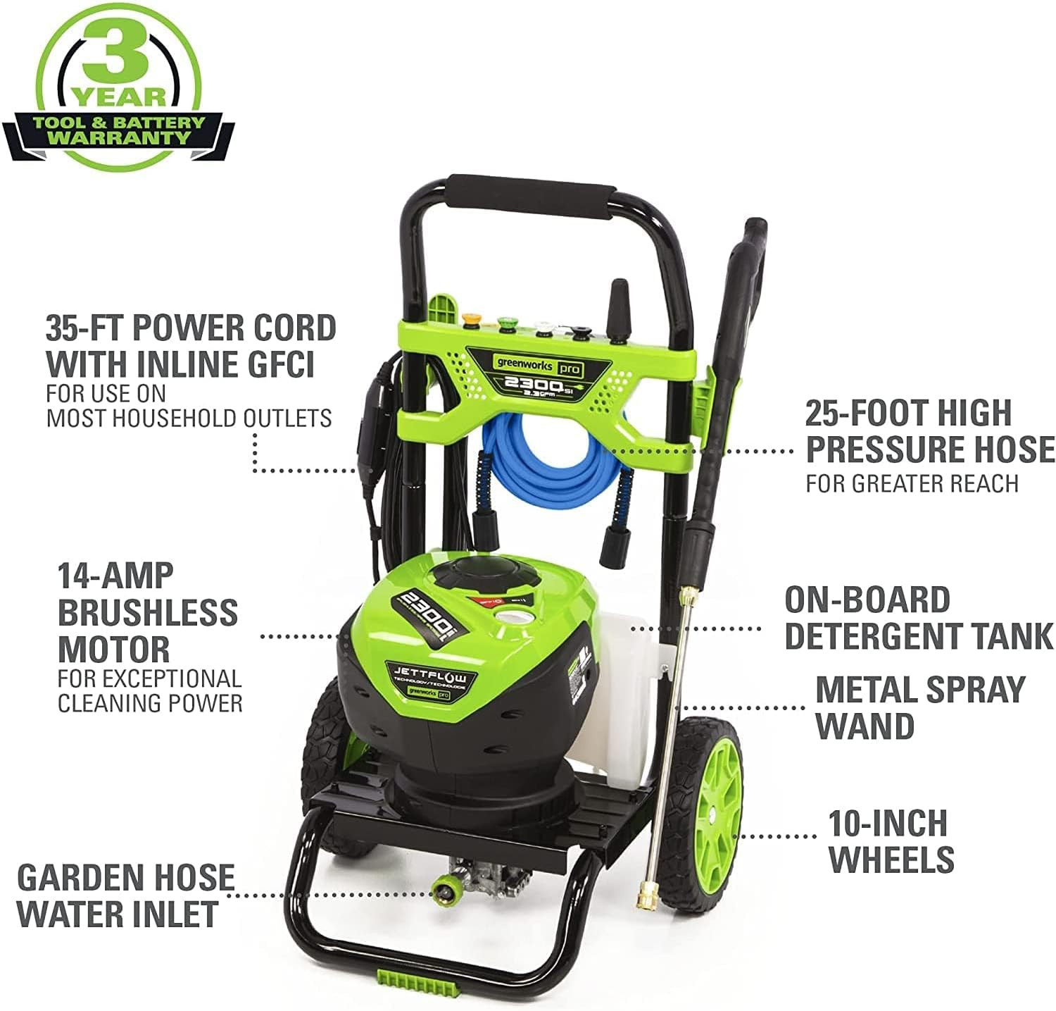 2300 PSI Trubrushless (2.3 GPM) Electric Pressure Washer, 25’ Hose, Quick Connec