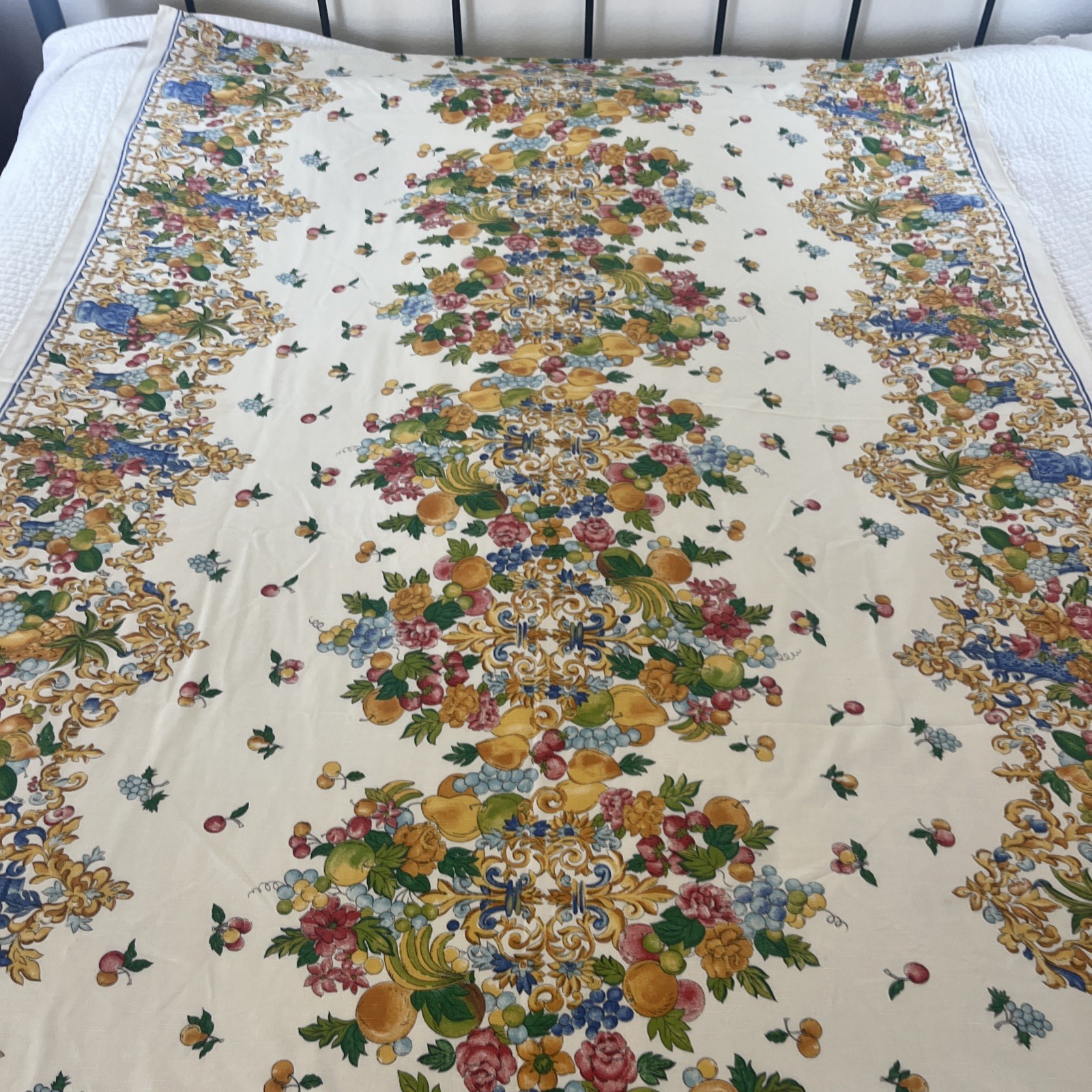 Renaissance-style Rectangular TABLECLOTH SCROLL & FRUITS 60x 78”